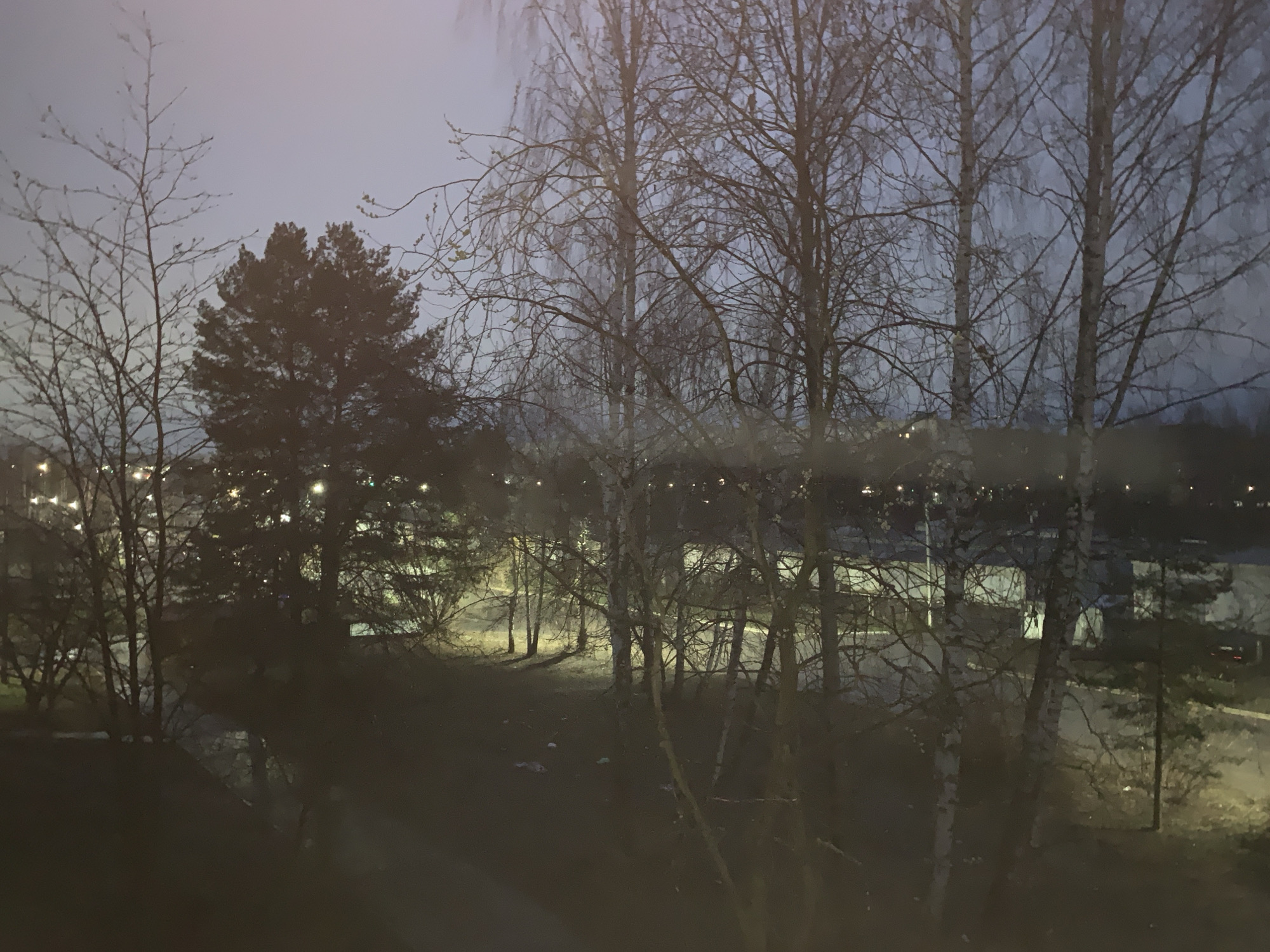 The image depicts a view from a window at night in Chaikovsky, Russia. Bare trees dominate the foreground, silhouetted against the twilight sky. Behind the trees, city lights indicate the presence of buildings and infrastructure. Some kind of snow or dirt is visible on the lower portion of the image.