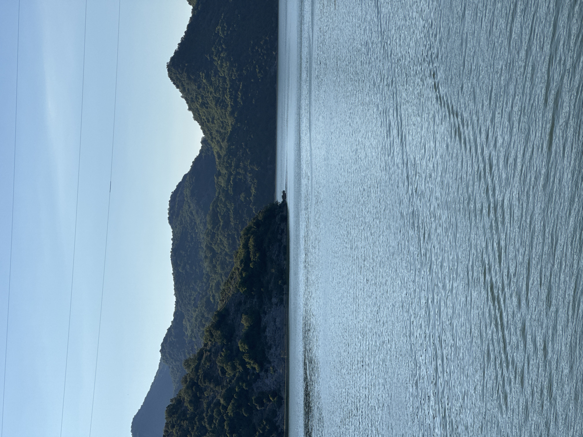 The image displays a serene natural landscape, likely a lake or bay, with rolling, tree-covered hills in the background. The water is a calm, muted blue with gentle ripples, reflecting the clear, pale blue sky. Power lines are visible stretched across the upper portion of the frame, breaking the natural panorama. The scene is devoid of any human presence or man-made structures beyond the power lines, suggesting a remote or protected natural area. The lighting indicates it is daytime, with the sun casting soft shadows on the hills. The overall impression is one of tranquility and vastness, typical of natural lake or coastal environments. While the prompt specifies the location as Boljevići, Montenegro, the image itself does not contain any visual cues to confirm this specific locale. It is a general depiction of a lakeside mountainous region.