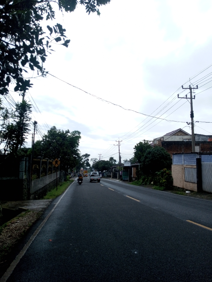 The scene depicts a straight, two-lane asphalt road extending into the distance under an overcast sky in Kamji Na-Yekha, Bhutan. The road features a double yellow centerline and a white solid edge line on the left.
On the immediate left, a dark shoulder transitions to a concrete wall with decorative molding. A yellow diamond-shaped road sign is affixed to a pole near the wall. Behind the wall, a tall, narrow tree is visible, followed by dense green foliage. A single individual operates a dark-colored motorcycle, traveling away from the viewer in the left lane.
On the immediate right, a property boundary wall with a brick-textured base and lighter upper section is visible. A wooden utility pole with multiple cross arms supports numerous overhead wires, extending into the background. Further along the right lane, a light-colored pickup truck or small van travels away from the viewer. The right side of the road is lined with buildings, partially obscured by trees, including one structure with an exposed brick lower section and a light upper story. Additional utility poles and overhead wires line the right side of the road into the background.
The road curves slightly to the left in the far distance, where additional vehicles, including a yellow truck, are discernible. The sky is uniformly bright and cloudy. No explicit interactions are observed.