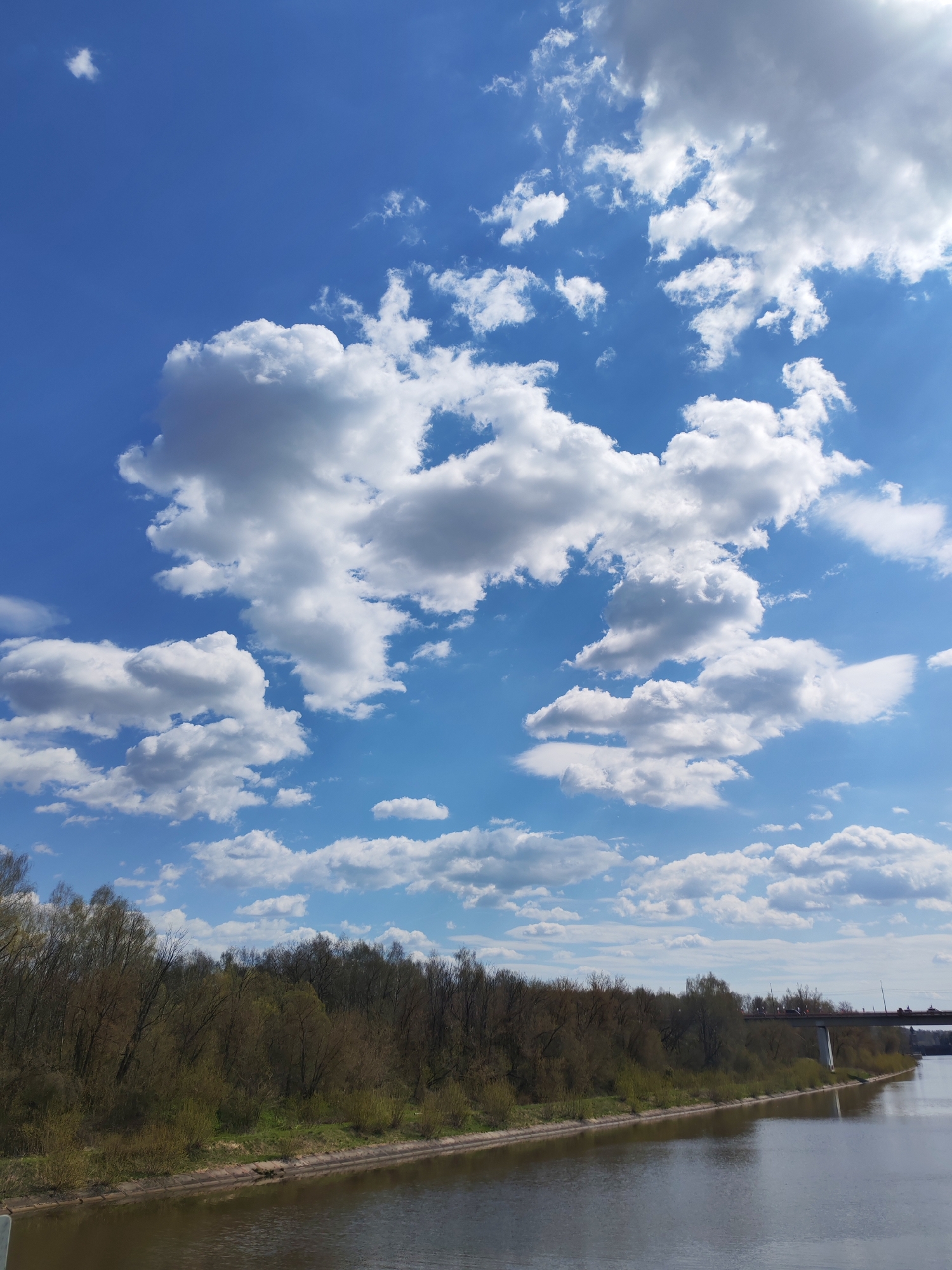 The image shows a view of the city of Yakhroma, Russia. The sky is blue with scattered white clouds. Below the sky, there is a treeline. The trees appear to be emerging from winter dormancy. In the foreground, a river flows, reflecting the color of the surrounding landscape. A bridge is visible in the distance on the right side of the frame. There are no people visible.