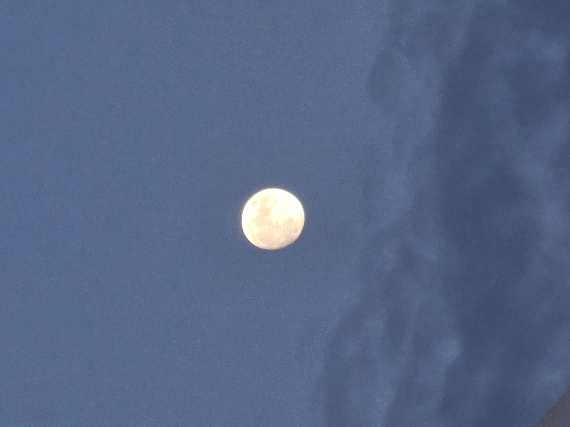The image presents a daytime or twilight view of the Moon against a predominantly blue sky. The central subject is the full or near-full Moon, appearing as a bright, off-white to pale yellow orb, positioned slightly to the left of the image's vertical center. Subtle textural variations on the Moon's surface are visible, suggesting craters and lunar maria. The sky is a uniform medium blue across most of the frame, indicating daylight or early evening conditions when the moon is often visible. On the right side of the image, faint, diffuse clouds are discernible, appearing as darker, hazy patches against the clearer blue sky, suggesting partly cloudy weather. No people, man-made structures, or ground features are present in the celestial scene. There is no visible text. The photograph captures a serene, expansive view of the Moon from Chaikovsky, Russia.