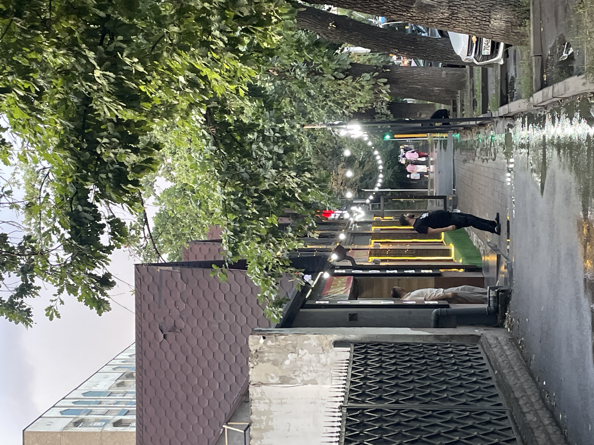 This image captures a street scene in Almaty, Kazakhstan, on an overcast day, likely after rain, as evidenced by the wet pavement and puddles reflecting the ambient light. The perspective is from a sidewalk looking down a street lined with trees and buildings.
On the left side of the frame, a building with a textured, off-white facade features a dark metal fence with diamond-shaped openings. Adjacent to this is a structure with a dark brown, shingled roof and a partially visible white wall. This building appears to be a commercial establishment, with several illuminated storefronts visible, some with yellow and red accents. Two individuals are standing near the entrance of one of these establishments. One person is wearing a light-colored shirt and pants, facing away from the camera and towards the storefront. The other person is partially obscured.
To the right of the sidewalk, a row of mature trees with dense green foliage lines the street. White string lights are strung between the trees, extending into the distance, suggesting a festive or dining atmosphere. A green traffic light is visible hanging from a pole. Further down the street, a group of people, appearing to be a family, are walking away from the camera, dressed in casual attire, some in pink.
On the far right, a white car with a license plate starting with "704B" is parked. The trunk of the car is visible. The ground is a mix of asphalt and paved sidewalk. The overall impression is a somewhat mundane urban environment decorated for an evening or event.