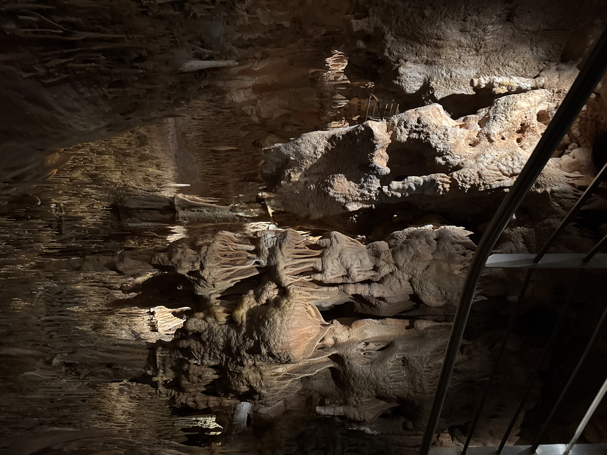 The image depicts the interior of the Cave of Petralona in Πετράλωνα, Greece. The walls are composed of rock formations, likely stalactites and stalagmites, with varied textures and patterns. A portion of a metal staircase is visible on the right side of the frame. There is no visible people or animals in the scene. The lighting is dim and appears to be artificial.