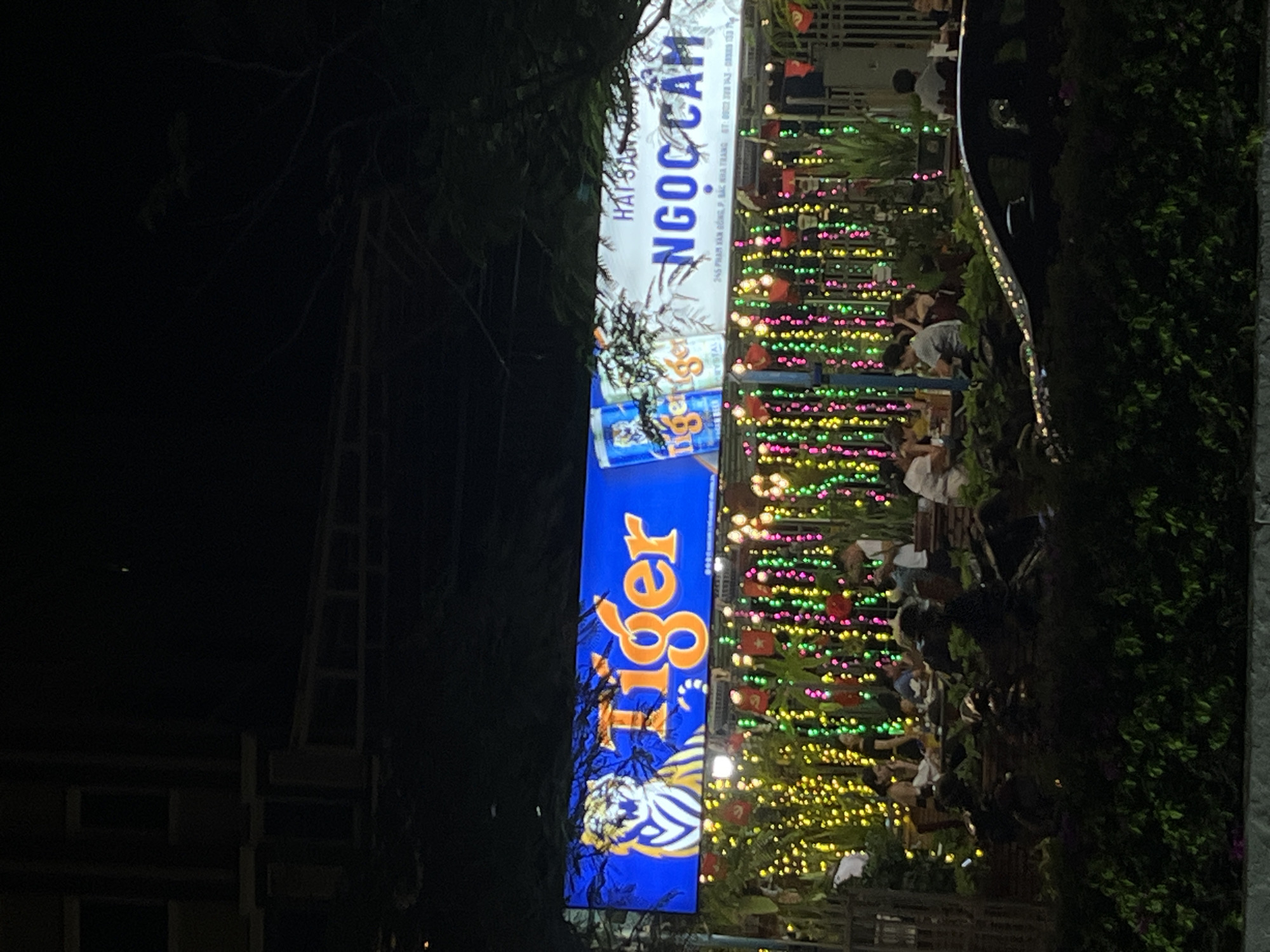 This image, taken at night in Bac Nha Trang Ward, Vietnam, captures a vibrant outdoor scene illuminated by numerous colorful lights. The main focus is a tall, vertical sign that appears to advertise "NGỌC CẨM," with "Tiger" prominently displayed in large orange lettering on a blue background at the bottom. The sign also features an image of a tiger.
Behind the sign, a lively atmosphere is evident with many people gathered. They are seated at tables, suggesting a restaurant or bar setting. The area is adorned with strings of green, pink, and yellow lights, creating a festive and inviting ambiance. Small red flags are also visible among the lights. The foliage on the right side of the image is dense and dark, contrasting with the illuminated area. The time of day is clearly night, as indicated by the darkness and the reliance on artificial lighting. The overall impression is one of a bustling nighttime establishment in Vietnam, decorated for a special occasion or simply for ambiance.