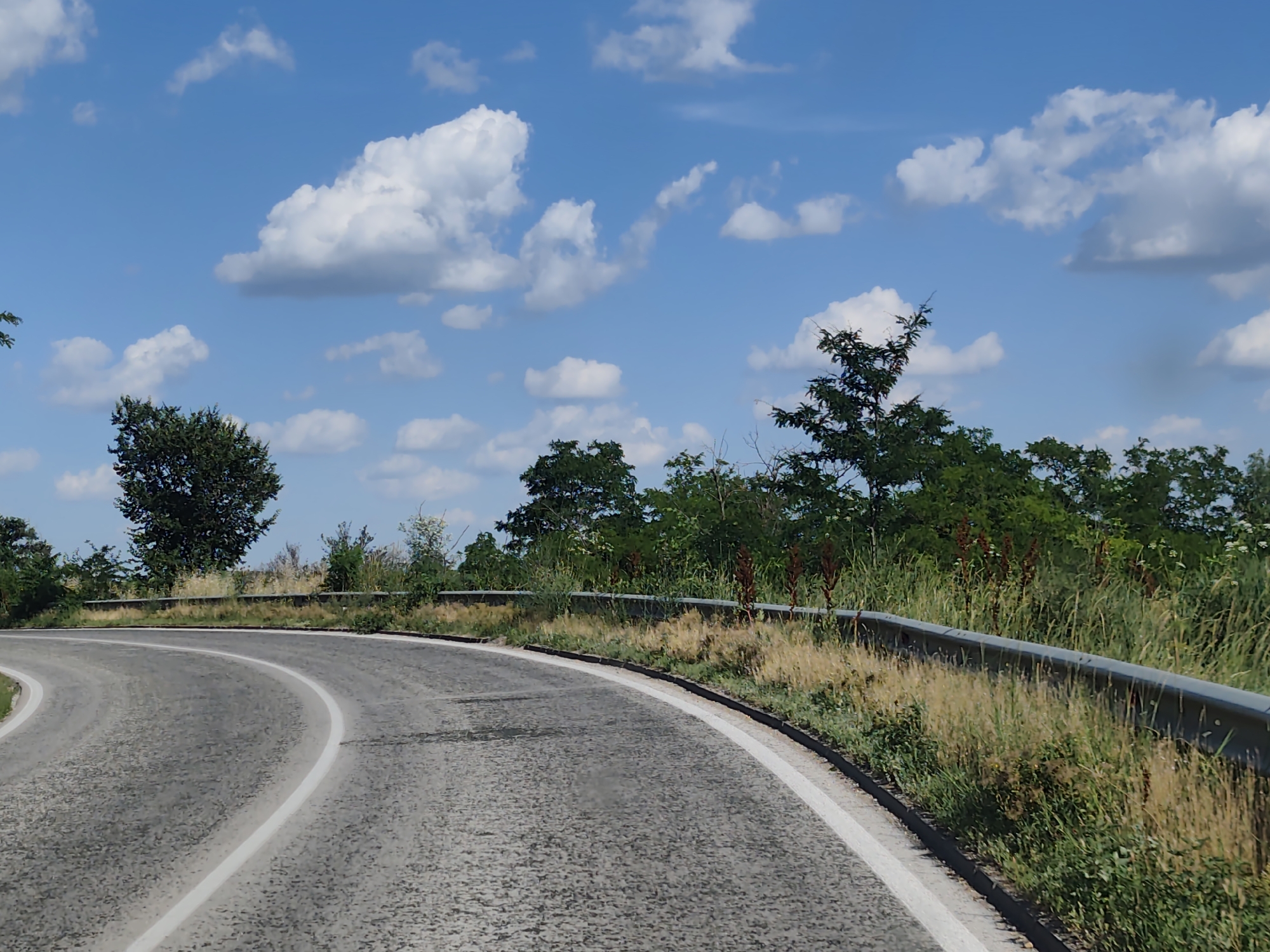 The image shows a paved road curving to the left in a rural setting. The road has a white line marking its edge. On the right side of the road, there is a metal guardrail separating it from a roadside embankment covered in dry grass and some green vegetation. Beyond the embankment, a dense line of trees and bushes forms a natural barrier. The sky above is a bright blue with scattered white cumulus clouds. The scene appears to be captured during daylight hours on a clear day. The location is identified as a road in the city of Strezherovo, Bulgaria. There are no people or vehicles visible in the image.