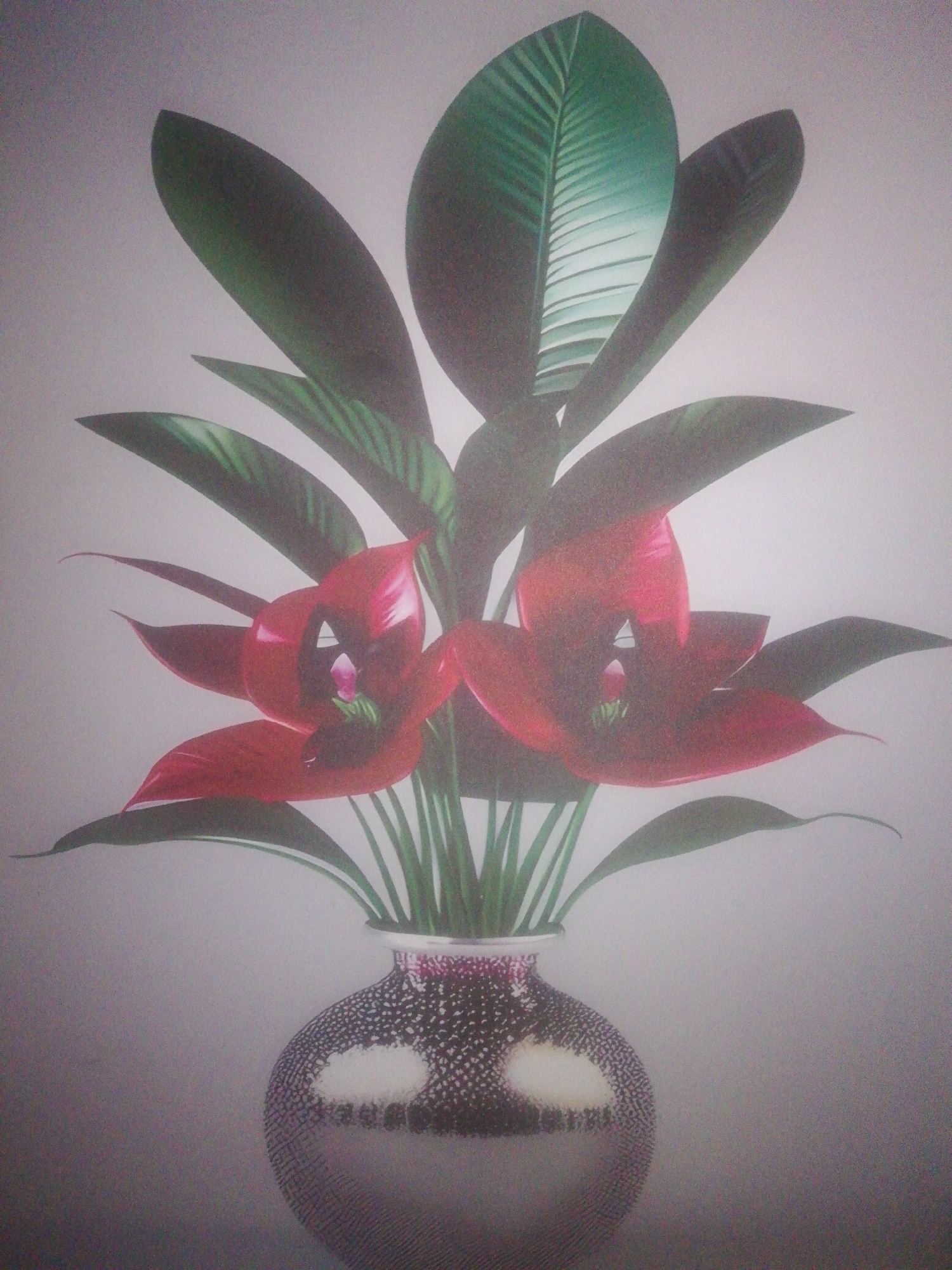 A vase of flowers sits in front of a white background. The vase is silvery gray, with red spots. The flowers are red with green stems and dark green leaves. The leaves are long and wide with smooth edges, except for the tallest, which has a ribbed texture. There is no information about a specific location in Ikorodu, Nigeria.