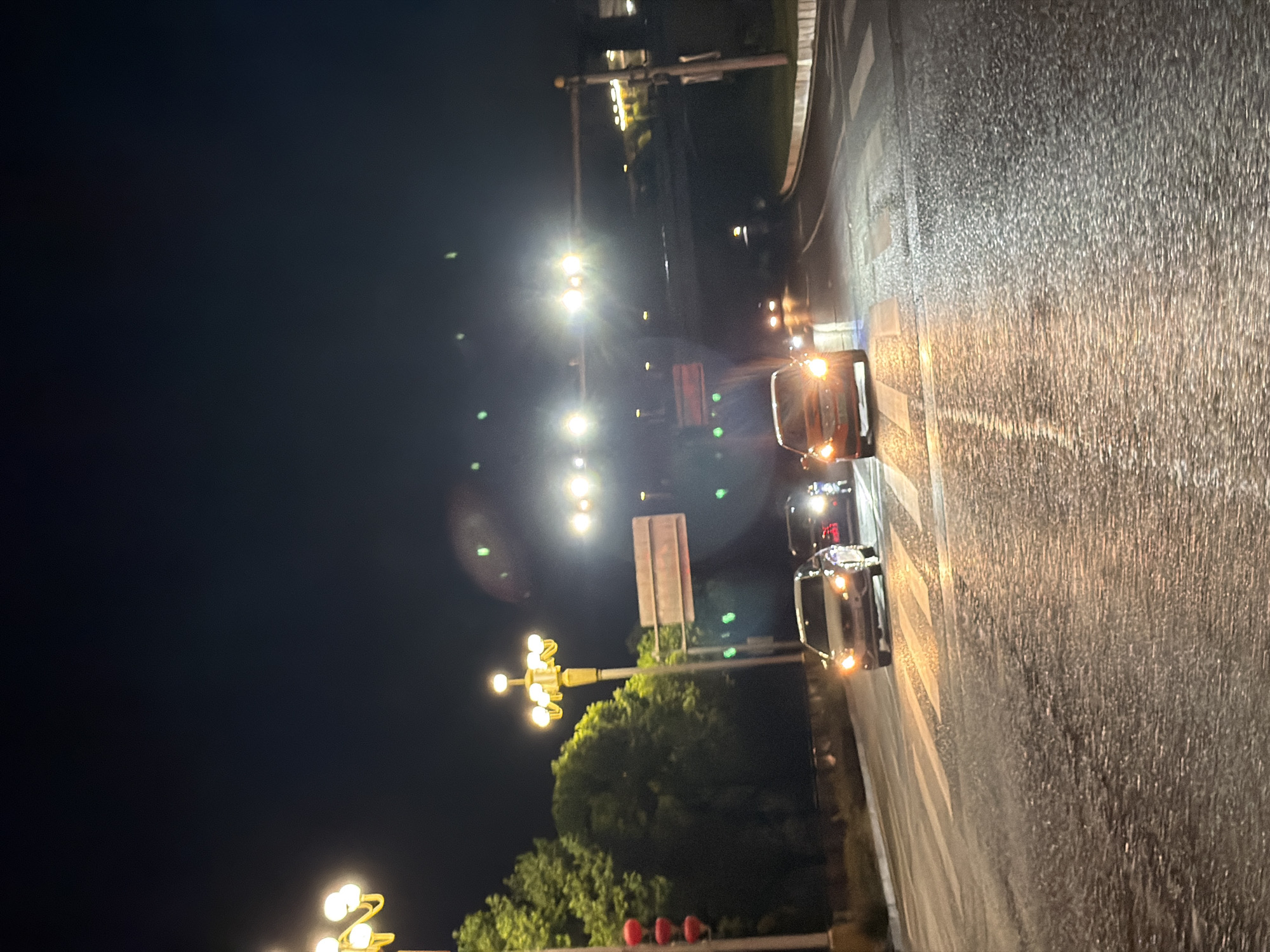 This is a night-time, eye-level photograph taken from a vehicle moving along a wet, multi-lane road in Jiangjin District, Chongqing, China. The road is illuminated by streetlights, traffic lights, and the headlights of passing cars. On the left side of the road, a traffic light with three red lights is visible, along with a tall streetlight topped with multiple lamps. Trees with dense foliage line the left side of the road. Several cars are on the road; a white car is approaching in the left lane, its headlights on, and another car, possibly silver or gray, is behind it. In the right lane, a red or orange car is also approaching, its headlights brightly illuminated. A traffic signal structure is present overhead, with lights on. The road surface reflects the lights, indicating it is wet, likely from recent rain or street cleaning. In the background, the dark night sky is visible, with some blurry lights suggesting distant urban activity. The scene depicts a typical urban driving environment at night in China.