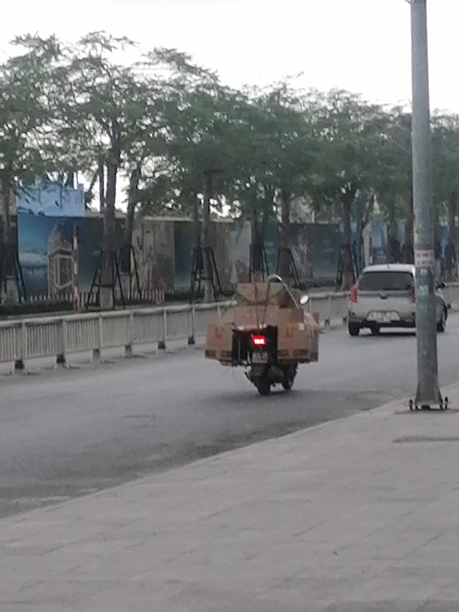 A street-level, medium-distance shot captures a road scene in what appears to be an urban or semi-urban area. The main subject is a scooter or motorcycle, heavily laden with numerous cardboard boxes, effectively obscuring the vehicle itself and the rider. The boxes form a large, irregular brown mass on the scooter, with a single red taillight visible at the rear of the load. A blurry license plate, beginning with "14H6-7", is partially visible below the taillight.
Further down the road, a light-colored car, possibly a hatchback, is driving away from the viewer. On the left side of the frame, a white metal fence runs parallel to the road, separating it from an area with numerous trees featuring green foliage. Behind the trees and fence, large blue and grey panels or structures are visible, which could be part of construction hoardings or buildings.
To the right, a tall, grey utility pole stands prominently in the foreground, bearing some unreadable rectangular signs. The road surface is asphalt, and a grey concrete sidewalk or paved area is visible on the far right. The lighting is diffused, suggesting an overcast day or perhaps early morning/late afternoon. The scene depicts a common sight of goods transportation in a busy street environment, consistent with the provided location context of Bai Chay Ward, Vietnam.