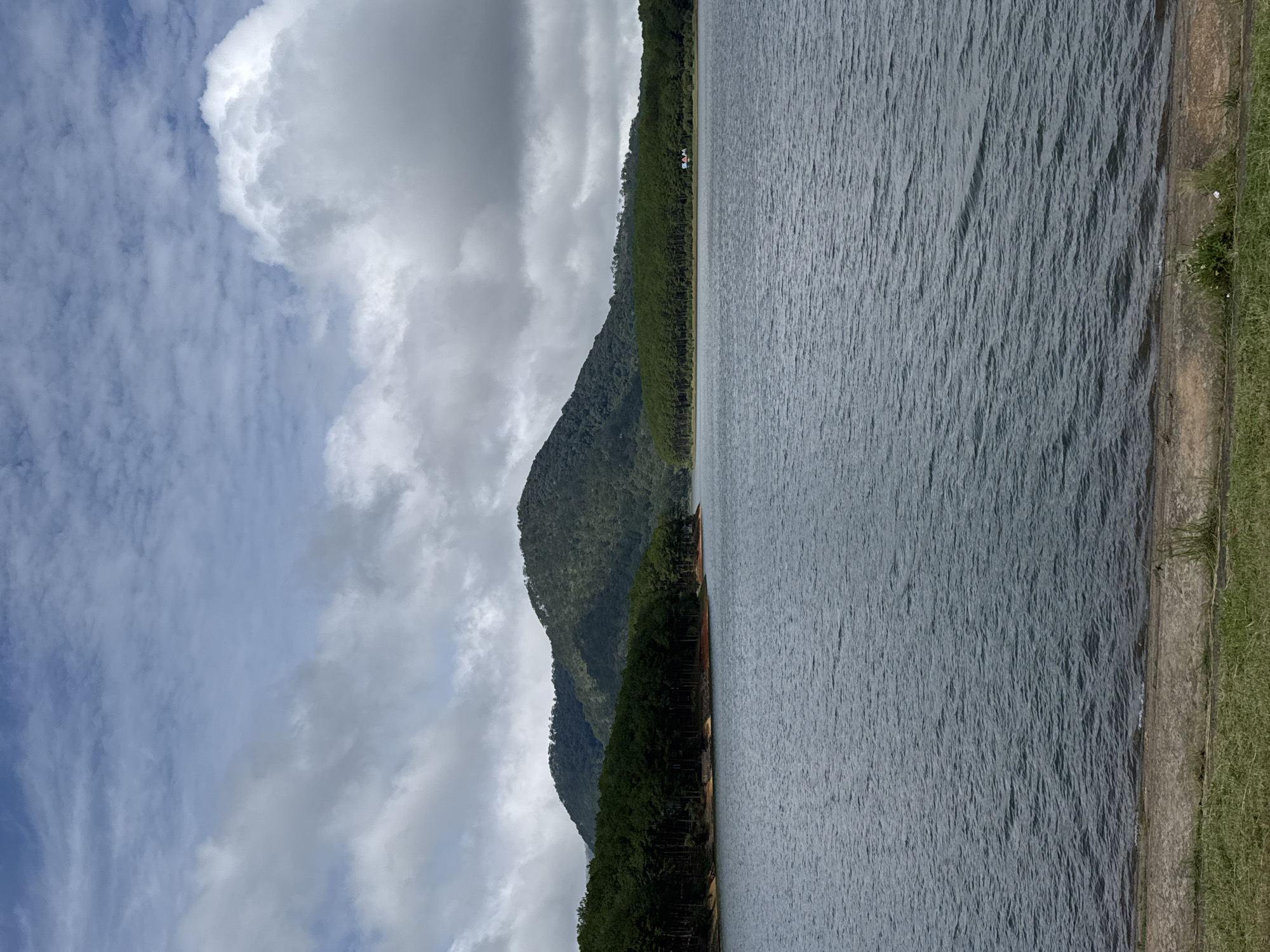The image depicts a wide, calm lake with gentle ripples on its surface, reflecting the overcast sky. The lake is bordered by a dense forest of dark green pine trees, which line the shore and extend up the slopes of rolling, tree-covered hills in the background. The sky is a mix of light blue and gray clouds, with some areas of brighter white suggesting sunlight filtering through. In the foreground, a concrete embankment transitions to a strip of mown grass. A small, colorful building or structure, possibly a house or pavilion, with red and blue accents, is visible nestled within the trees on the distant shore, to the right of center. The scene suggests a natural landscape, likely a reservoir or a large natural lake, located in the mountainous terrain surrounding Da Lat, Vietnam, known for its pine forests and lakes.