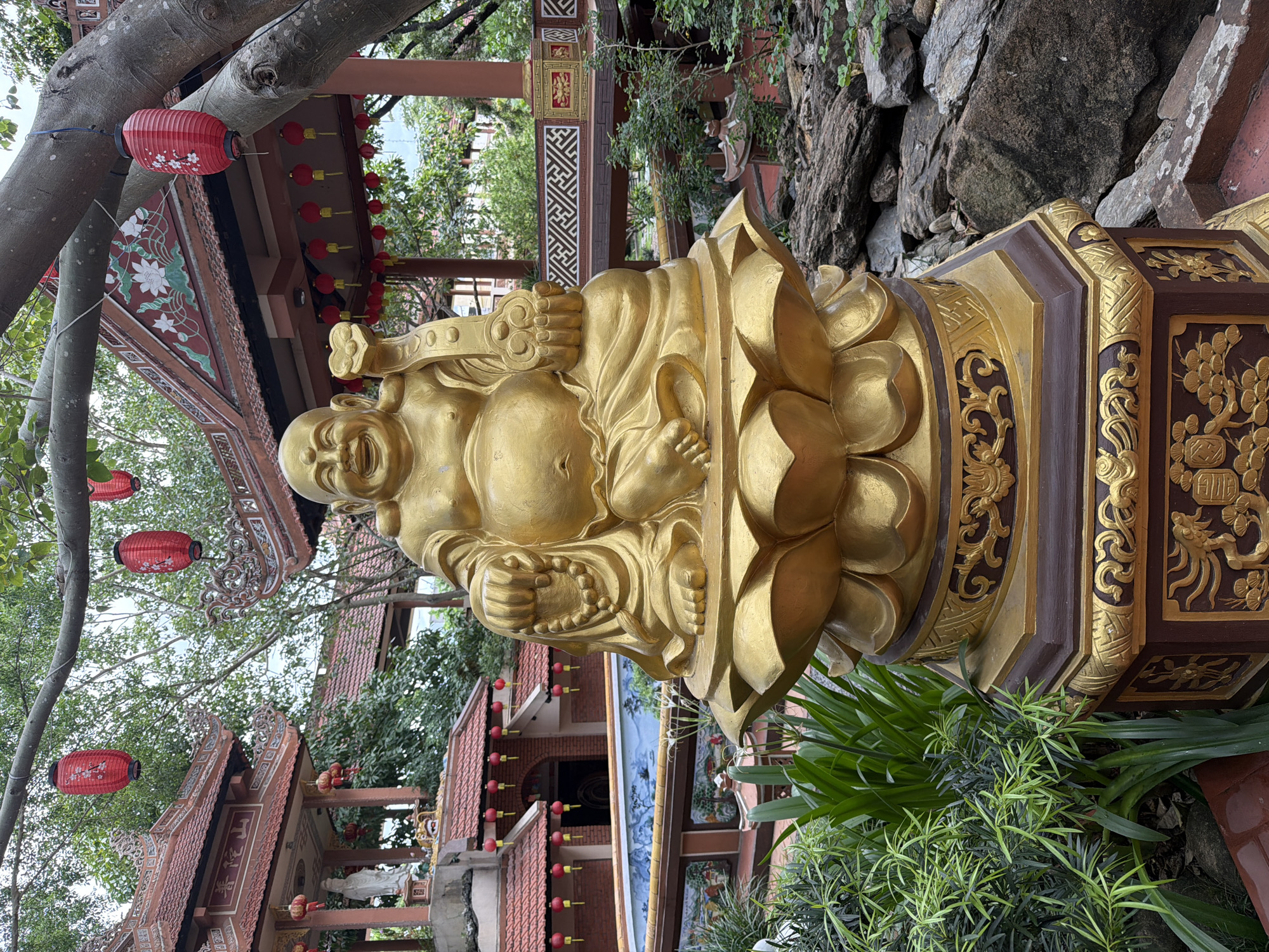 A gilded statue of a laughing Buddha is prominently displayed in the foreground of this image, seated on a lotus pedestal. The Buddha statue, made of what appears to be gold-plated material, exhibits a jovial expression with a round belly and clasped hands. Behind the statue, a traditional Vietnamese temple structure with red tiled roofs and intricate carvings is visible. Red lanterns are hung from trees and the temple's eaves, adding a festive touch. Lush green foliage and rocky landscaping surround the statue and temple. This scene is located at Chua Ong, also known as Ong Pagoda, in Hoi An, Vietnam.