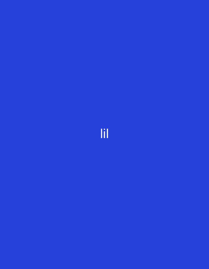 The image displays a plain, solid royal blue background. Centered on this uniform backdrop, the text "lil" is visible in white, rendered in a pixelated, monospace-like font. The letters are stylized, with the 'l's appearing as vertical bars and the 'i' as a shorter vertical bar between them. There are no other subjects, objects, or discernible activities taking place. The scene is abstract and minimalist, devoid of any specific location cues, weather, or time of day. The simple design offers a clean and digital aesthetic.