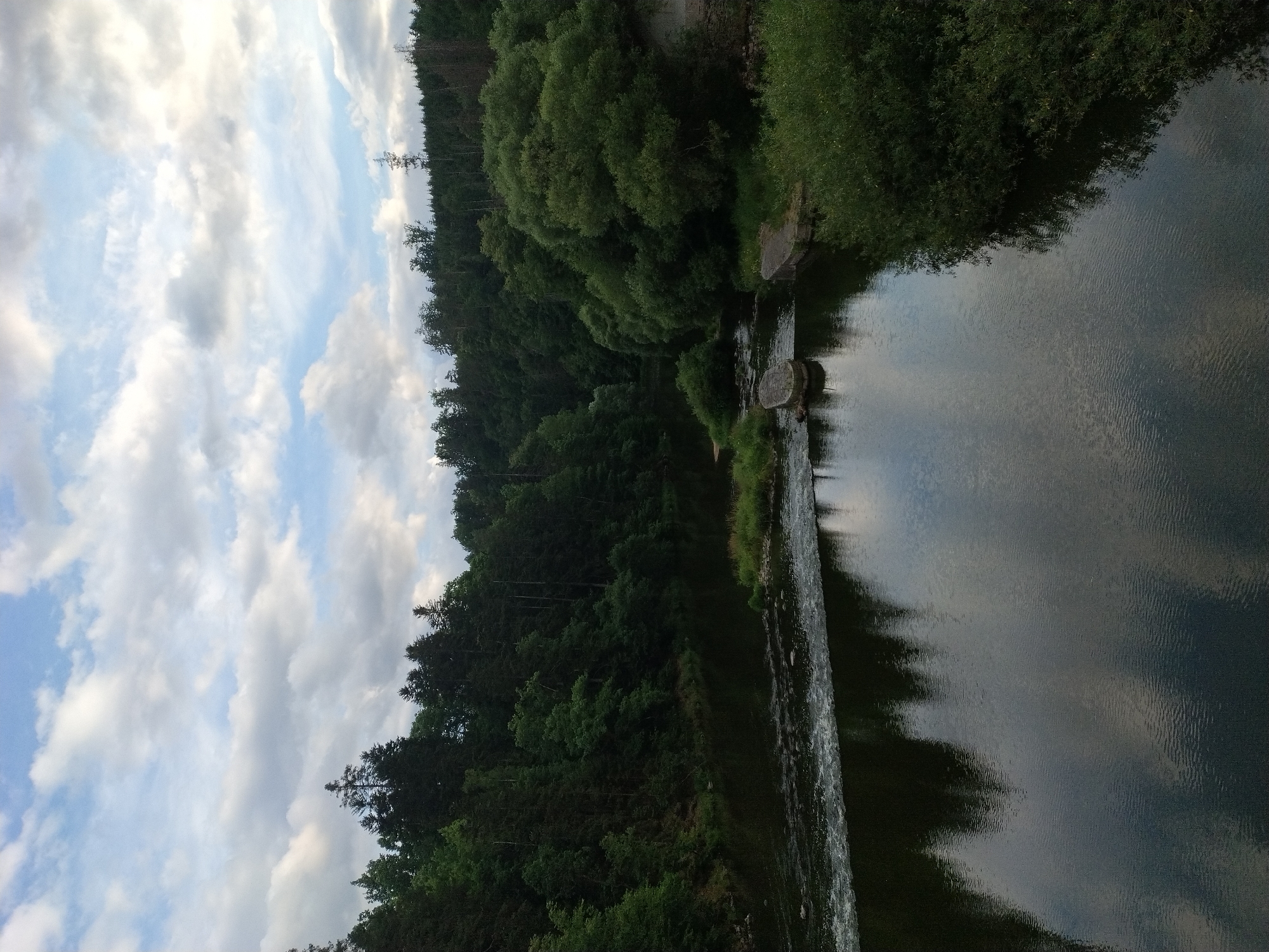 The image depicts a wide, calm river flowing through a dense, green forest. The sky above is partially cloudy with a mix of blue sky and white, gray clouds. The river's surface reflects the surrounding trees and the sky, creating a mirror-like effect. On the right bank of the river, there is a structure made of stone, possibly part of an old building or dam. The river has some ripples and small rapids in the foreground, suggesting a gentle flow. The scene appears to be a natural landscape, likely in a rural or wilderness area. The provided metadata indicates the location is Dobřejice, Czechia.