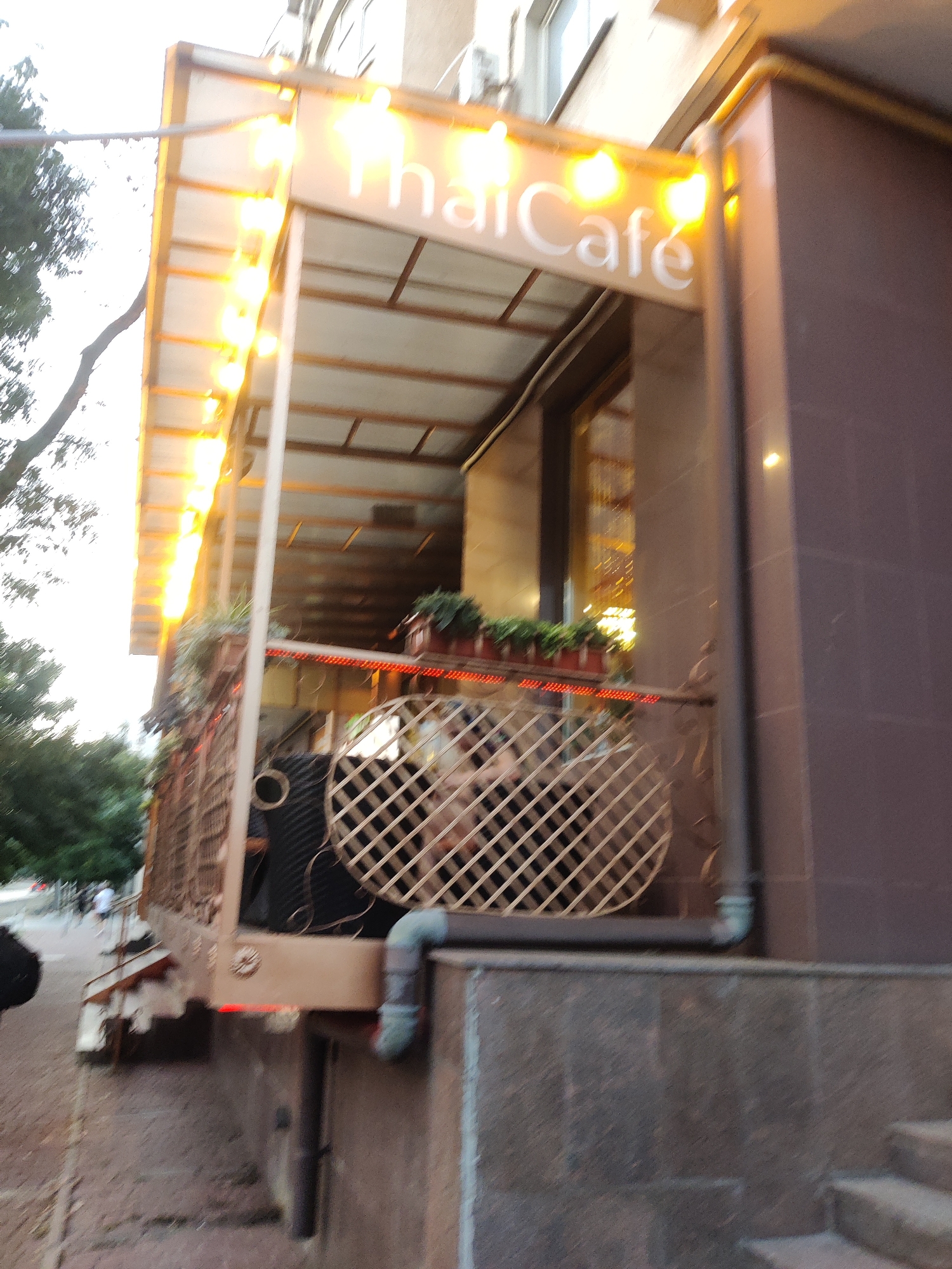 This is a medium shot, eye-level, outdoor, slightly angled, nighttime photograph of the facade of a building in Odesa, Ukraine. The building features an awning with string lights that illuminate a sign reading "ThaiCafe." The awning is supported by pillars. A balcony with decorative railings and potted plants is visible below the awning. A metal grate covers an opening on the balcony. The street level shows a cobblestone pavement and stairs leading up to the building. The overall lighting is dim, with the string lights providing the main illumination.