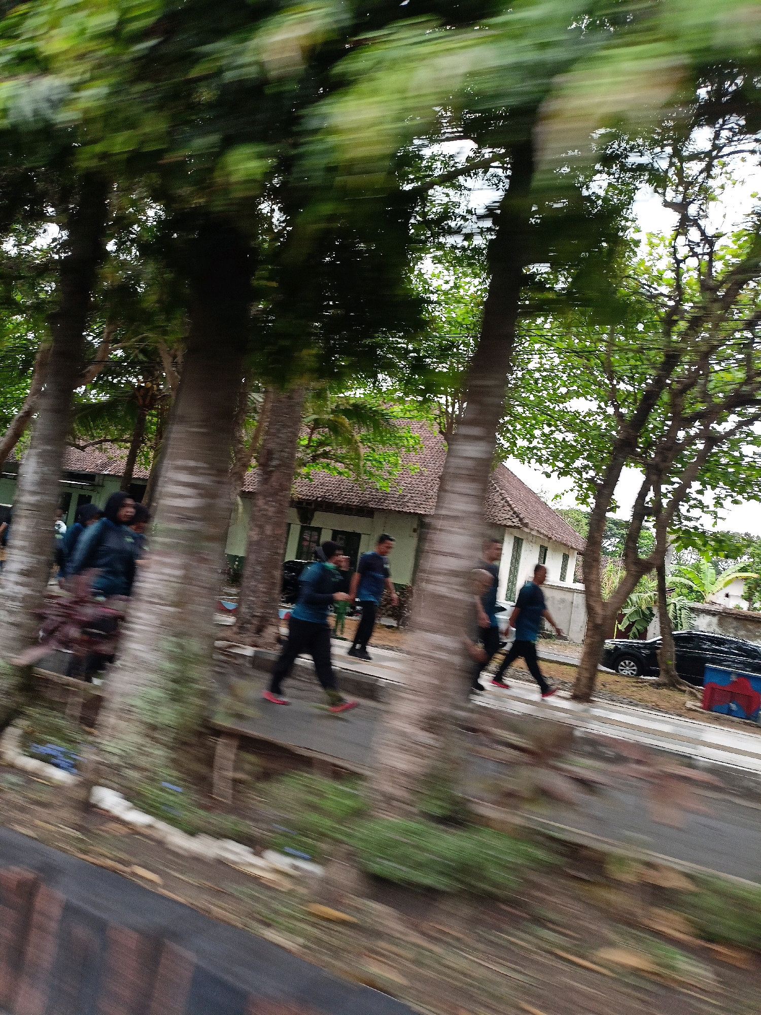 In Magelang, Indonesia, a group of individuals, some wearing blue shirts and black pants, are seen walking along a paved area next to trees. In the background, there is a building with a brown tiled roof and white walls. A black car is parked on the right side of the image. The scene appears to be outdoors, possibly on a street or path, with dense foliage from trees dominating the foreground and mid-ground. The motion blur suggests the photo was taken from a moving vehicle.