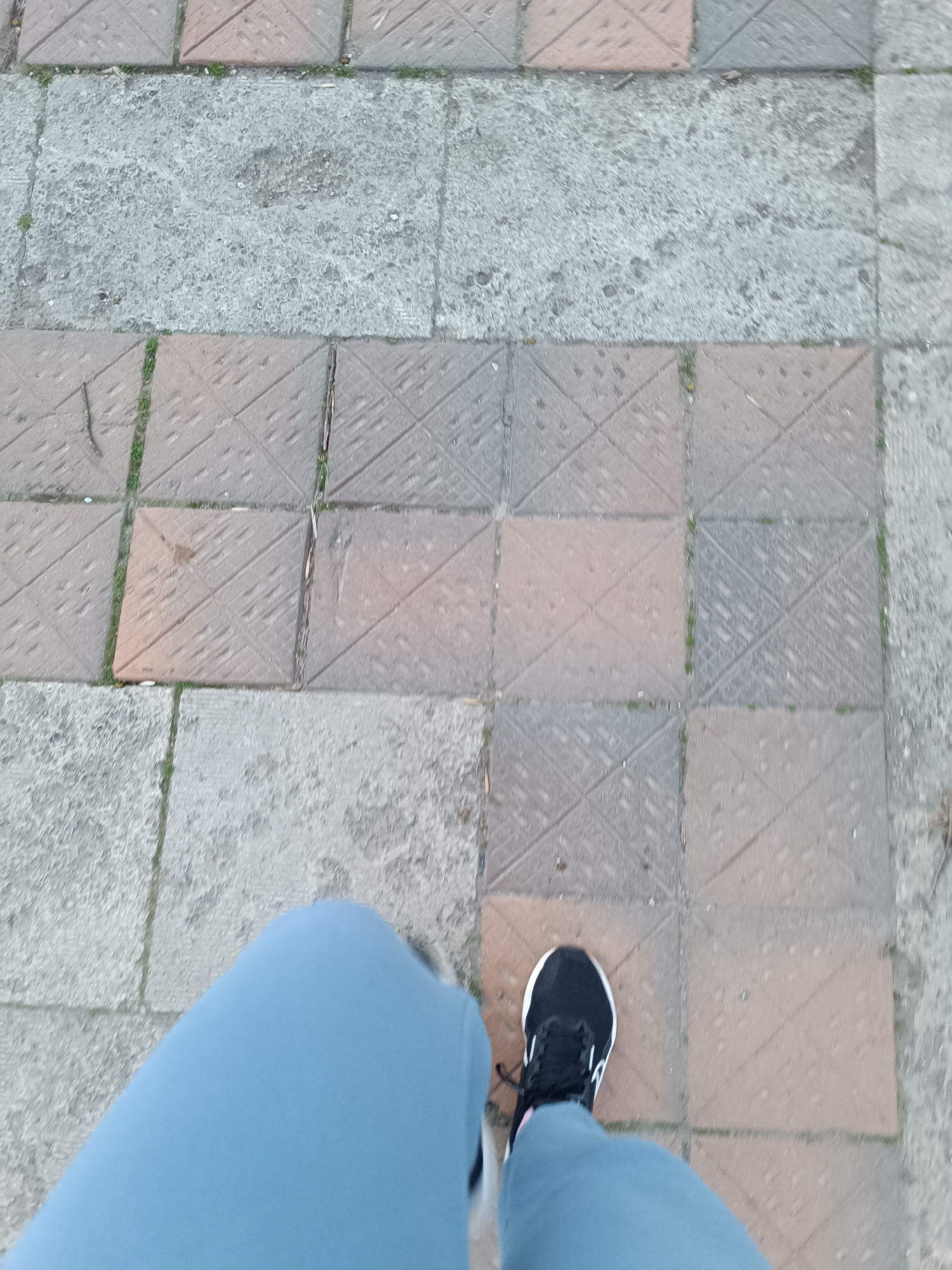 The image shows a first-person perspective of someone walking on a paved surface. The lower portion of the person's body is visible, including legs clad in blue trousers and one foot wearing a black sneaker with white trim. The paved surface is composed of square tiles in alternating colors of gray and terracotta. The tiles have a patterned texture. Thin lines of vegetation are growing between the tiles. The location is Pleven, Bulgaria.