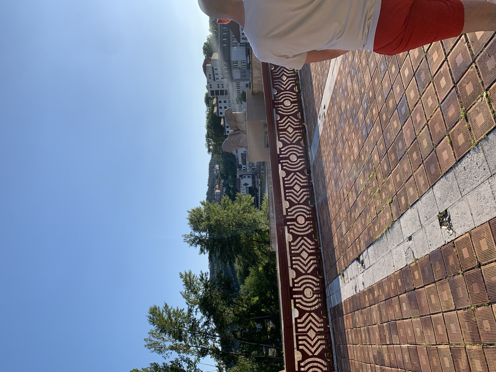 A landscape view with a man wearing a white shirt and red shorts standing on a brick-paved area, possibly a terrace or public space. A decorative metal railing separates the paved area from a lower level with trees and buildings. In the distance, the city is visible. The sky is clear and blue, suggesting a sunny day. The exact location in the city of Unknown, Unknown, is not discernible from the image alone.