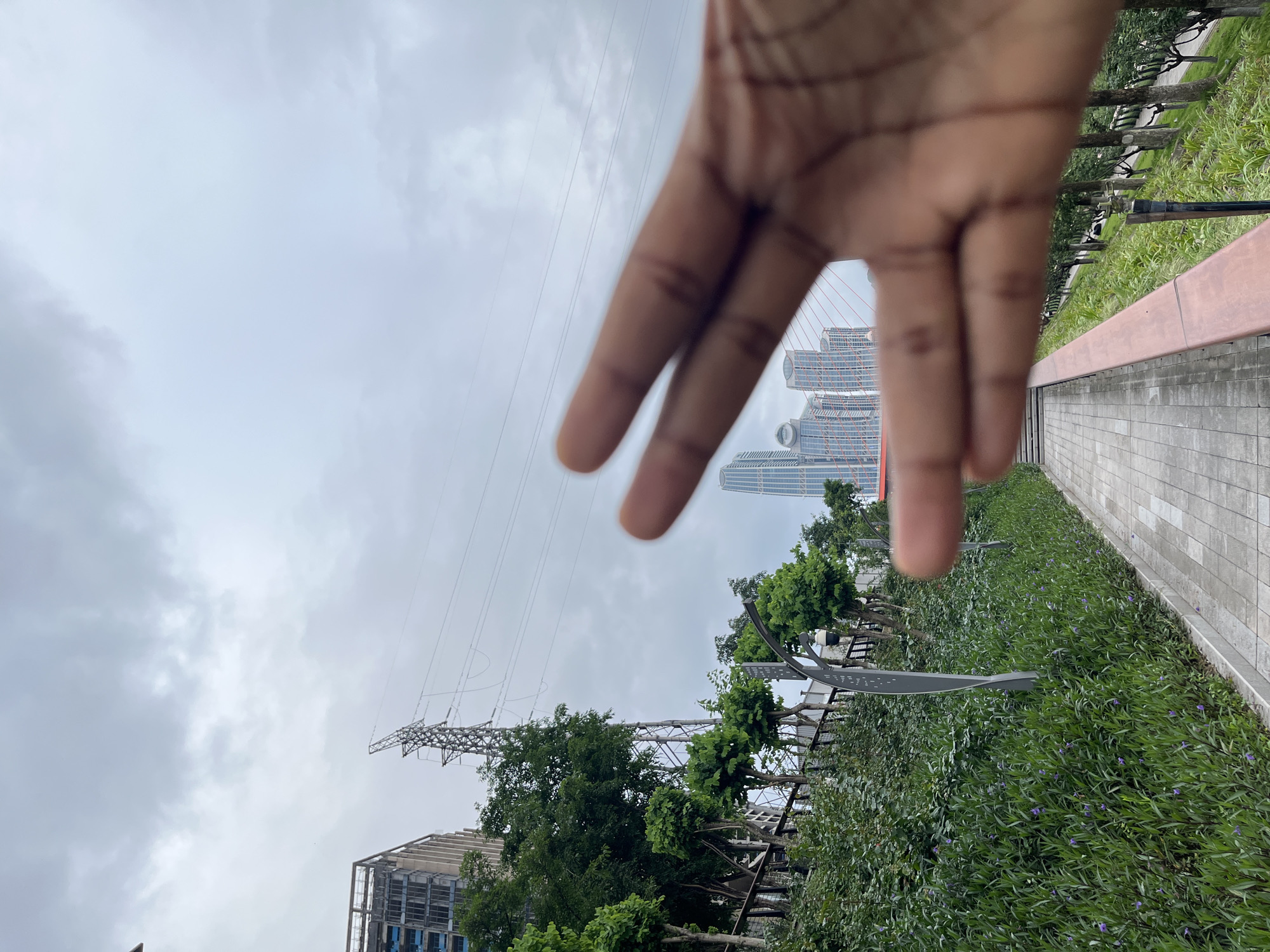 The image depicts a hand partially obscuring a view of Yuzhong District, China. In the background are modern high-rise buildings, and overhead power lines. Below, there is greenery on one side, with a paved sidewalk and a low reddish wall on the other. The sky is overcast.