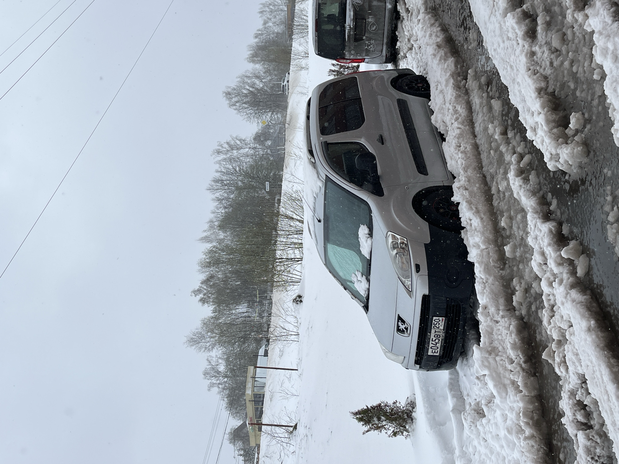 The image, taken in what appears to be a cold, overcast winter setting, shows a snowy road or parking area with two cars. The scene is dominated by snow and slush.
In the foreground, a light grey Peugeot van (resembling a Partner or Rifter model) is parked, partially obscured by snowdrifts. Its front bumper, headlights, and part of the windshield are visible, with some snow accumulated on the hood and windshield wipers. The car has black wheels. The front license plate clearly displays the Russian registration "E045BT 250 RUS". To the right of the car, a deep, slushy snow bank lines the edge of the road, showing tire tracks and accumulated ice. To the left, a small, snow-dusted coniferous bush is visible on a snow-covered patch of ground.
Behind the foreground vehicle, a second, darker grey or black car is partially visible, also parked amidst snow. In the midground, beyond the cars, an expanse of snow-covered terrain extends towards a line of bare deciduous trees. A yellow, diamond-shaped road sign, indicating a priority road, can be seen among the trees. Further in the distance, a small building structure is faintly visible.
The sky is a uniform, light grey, indicating an overcast day with no direct sunlight. Fine power lines stretch across the upper part of the frame. The overall impression is one of a cold, snowy day in a suburban or rural area of Russia, consistent with the provided location context of Vnukovo. There is no explicit activity taking place; the cars appear parked in the snowy environment.