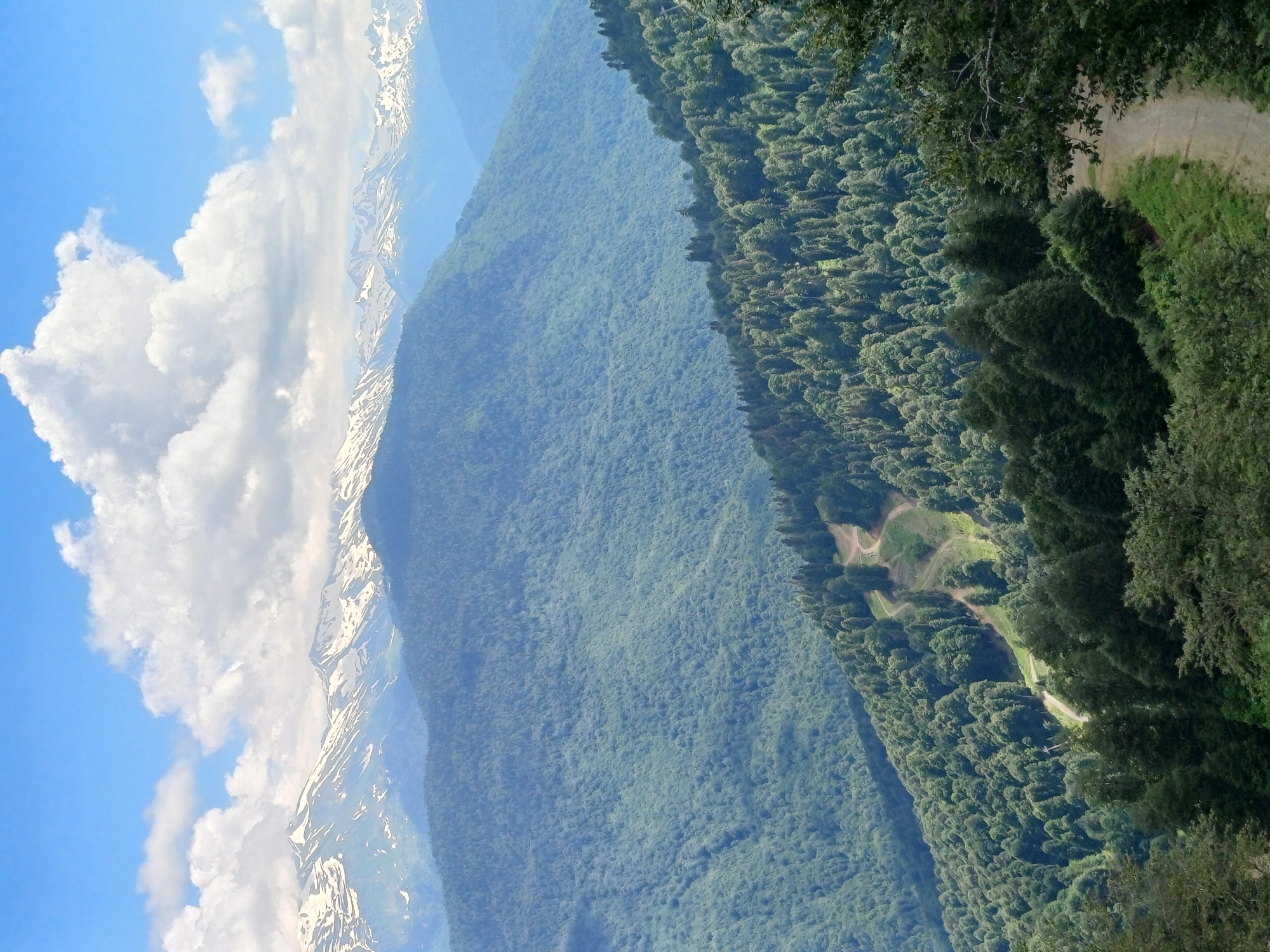 The image depicts a majestic mountain landscape, likely taken from a high vantage point. The foreground is dominated by lush, dense green forests covering rolling hills. A winding dirt road snakes through the trees, suggesting a hiking trail or a service road. In the mid-ground, the mountains continue, still heavily forested but with a slightly hazier, more distant appearance. The background reveals a range of snow-capped mountains under a bright blue sky dotted with fluffy white clouds. The scene is one of natural beauty and rugged terrain, characteristic of mountainous regions. The specific location in Estosadok, Russia, implies a popular tourist destination known for its natural attractions and ski resorts. There are no people or specific actions depicted, focusing solely on the environmental panorama.