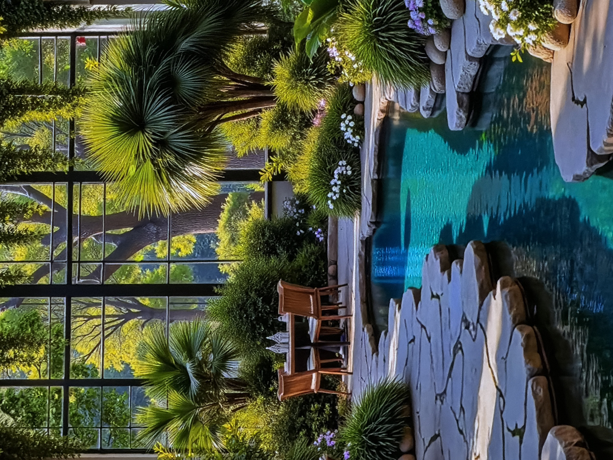 This image captures a beautifully landscaped outdoor space, likely part of a luxurious property in Sofiivska Borshchahivka, Ukraine. The scene is illuminated by warm, golden sunlight, indicating either late afternoon or early evening.
The main subjects include a serene swimming pool, a patio with outdoor furniture, and an abundance of lush greenery, all framed by a large windowed structure. To the right, a bright turquoise swimming pool, reflecting the light and surrounding foliage, is bordered by a textured stone patio. Decorative rock formations and dense plantings of various bushes, vibrant green grass-like plants, and small white and purple flowers adorn the pool's edge, creating a natural, inviting aesthetic.
In the mid-ground, on the stone patio, a dark table is set with two elegant light-colored wooden chairs, suggesting an intimate dining or relaxation spot. Small decorative white objects are visible on the table. This seating area is nestled amongst a rich variety of tropical and subtropical plants, including prominent palm trees and numerous verdant bushes, which contribute to a private and exotic atmosphere.
To the left, a grand windowed facade, possibly part of a conservatory or a building, stretches across the scene. Through its clear panes, the viewer can discern the expansive natural environment beyond, featuring large trees with full green and yellow foliage, their branches creating intricate patterns against the sky. Reflections on the glass further integrate the indoor and outdoor spaces.
No people are visible, lending an air of peaceful tranquility to the setting. The prevailing emotion evoked is one of relaxation, luxury, and harmony with nature. There is no discernible text within the image. The clear weather and the rich tapestry of green hues, from the deep shadows to the sunlit fronds, define the visual character of this exquisite outdoor oasis.