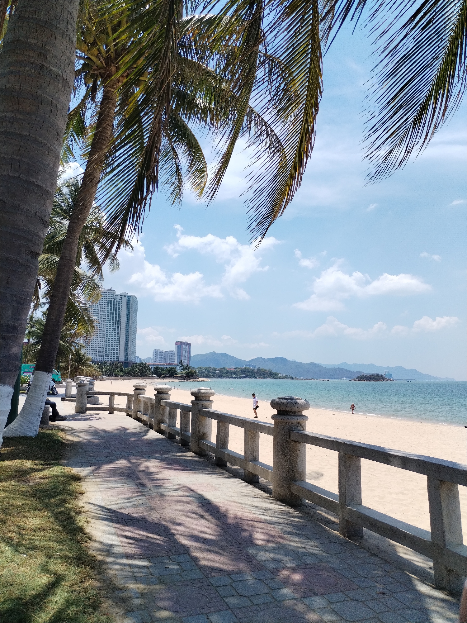 The image presents a sunny beachfront scene in Nha Trang Ward, Vietnam. The foreground features a paved walkway bordered by a low concrete railing, casting intricate shadows from palm trees. A large palm tree trunk is visible on the left. Beyond the walkway, a sandy beach stretches towards the ocean, where a few people are scattered along the shoreline. In the distance, a mountainous landscape frames the horizon, interspersed with various buildings including one tall modern hotel or residential building. The sky is bright blue with scattered clouds.