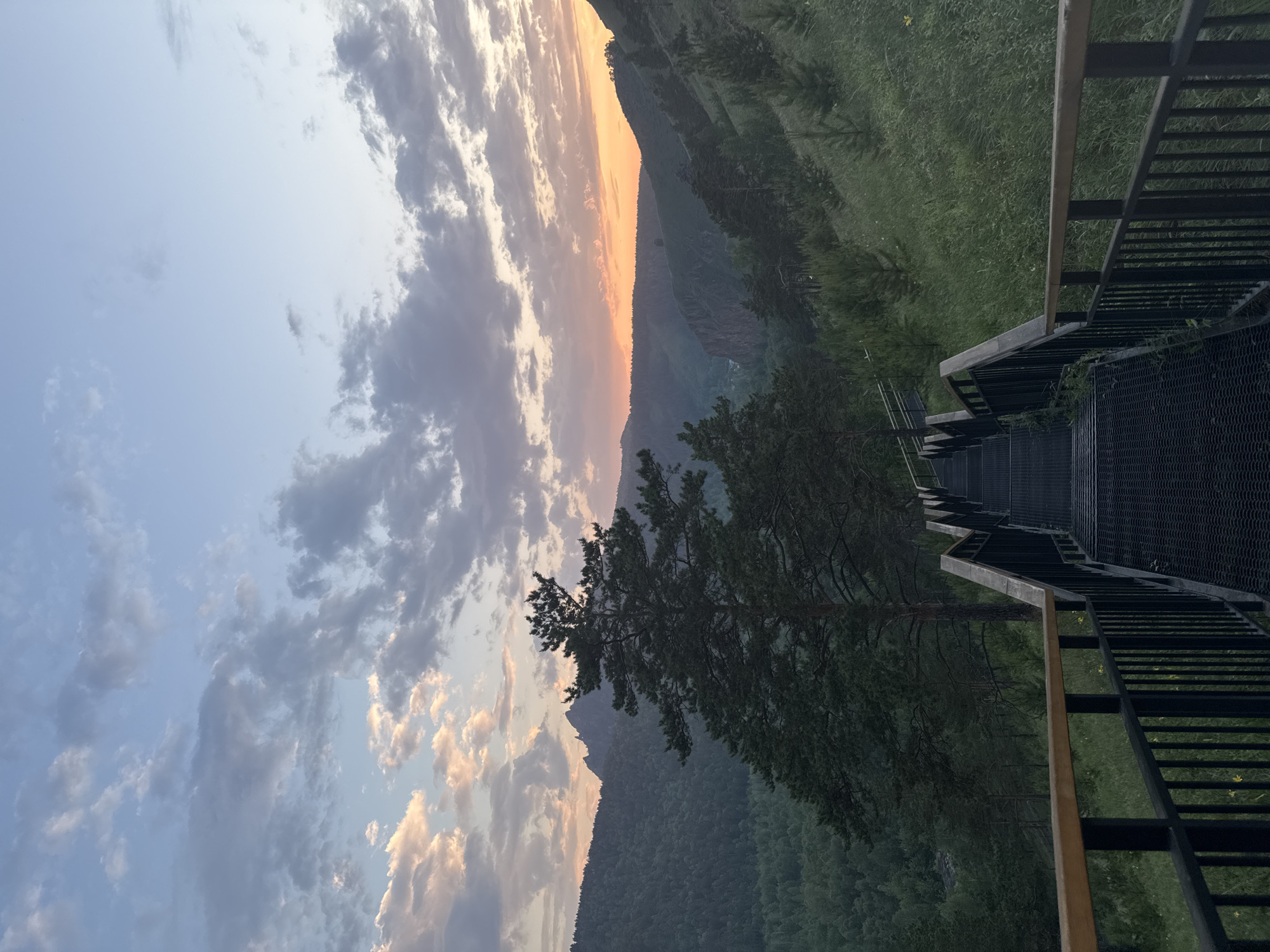 The image depicts an outdoor metal staircase with black railings and wooden handrails, descending into a lush, green valley. The staircase is the primary foreground element, leading the viewer's eye towards a distant mountain range. A large pine tree dominates the middle ground on the left, with other pine trees and dense forest covering the slopes. The sky above is a pale blue, filled with scattered clouds that are tinged with pink and orange hues, indicating either sunrise or sunset. The overall scene is a natural landscape, likely a park or a nature reserve, given the presence of the constructed staircase. The location is identified as the Stolby Nature Reserve, a protected area located within the city of Krasnoyarsk, Russia. The reserve is known for its unique rock formations, dense forests, and panoramic views, which are consistent with the elements visible in the image. There are no people or animals present in the photograph. The lighting suggests it is either early morning or late evening.