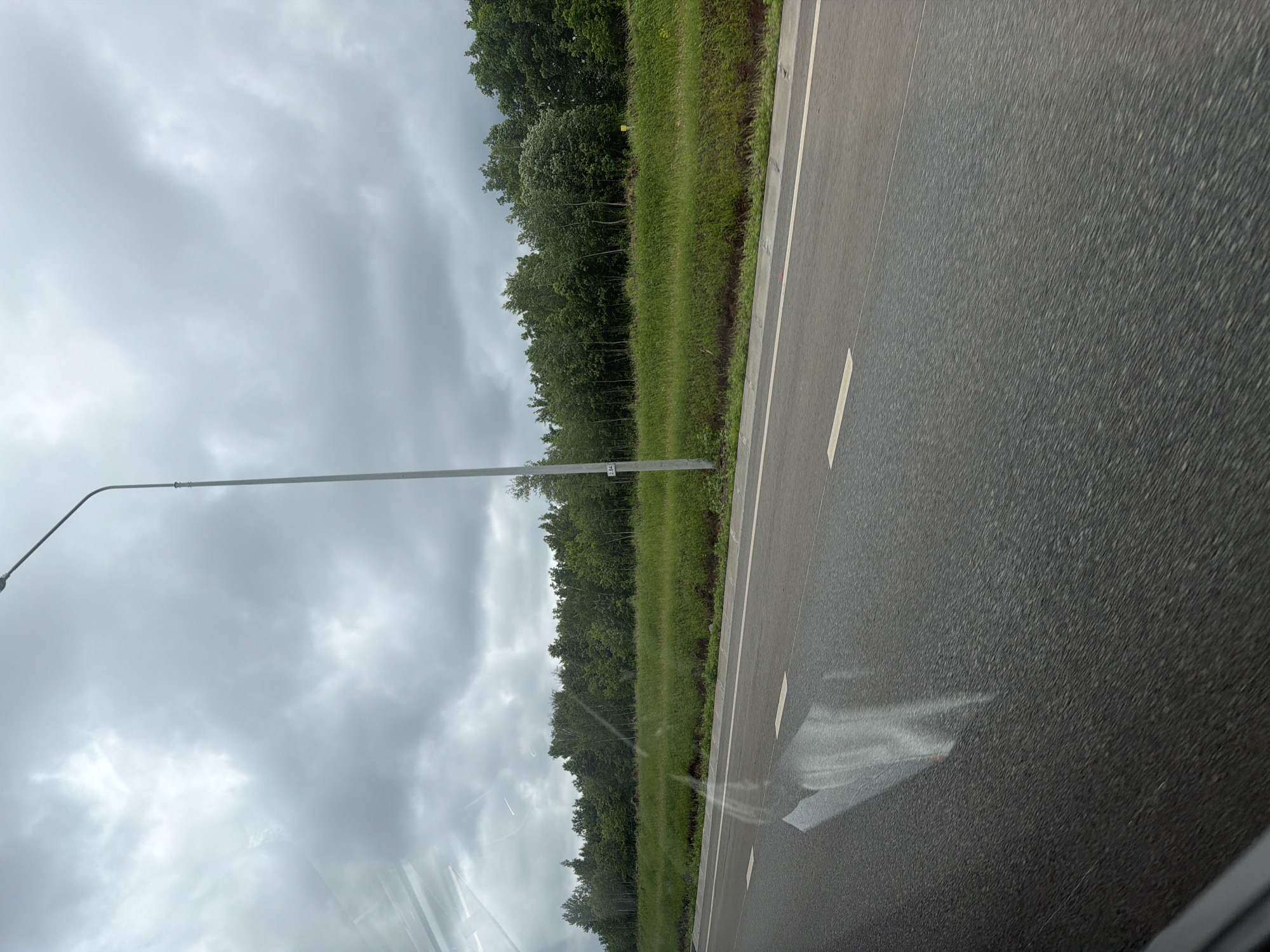 This image depicts a roadside view in Menzelinsk, Russia, captured from a moving vehicle under an overcast sky. The foreground features a grey asphalt road displaying horizontal motion blur. A solid white line marks the right edge of the road, and a partial white dashed line is visible further left. Bright, irregular reflections, originating from the interior of the vehicle, are cast upon the road surface in the lower-left quadrant. A tall, light-grey metal street light pole with a curved arm extends upwards on the right side of the frame, bearing a small white rectangular tag inscribed with the number "2.84" on its lower section. A strip of vibrant green grass and wild vegetation separates the road from a dense treeline composed of dark green deciduous trees, which spans the mid-ground. The sky is uniformly covered by a thick layer of grey, diffuse clouds, indicating an overcast day with low light. No human figures or other vehicles are discernibly present in the scene.