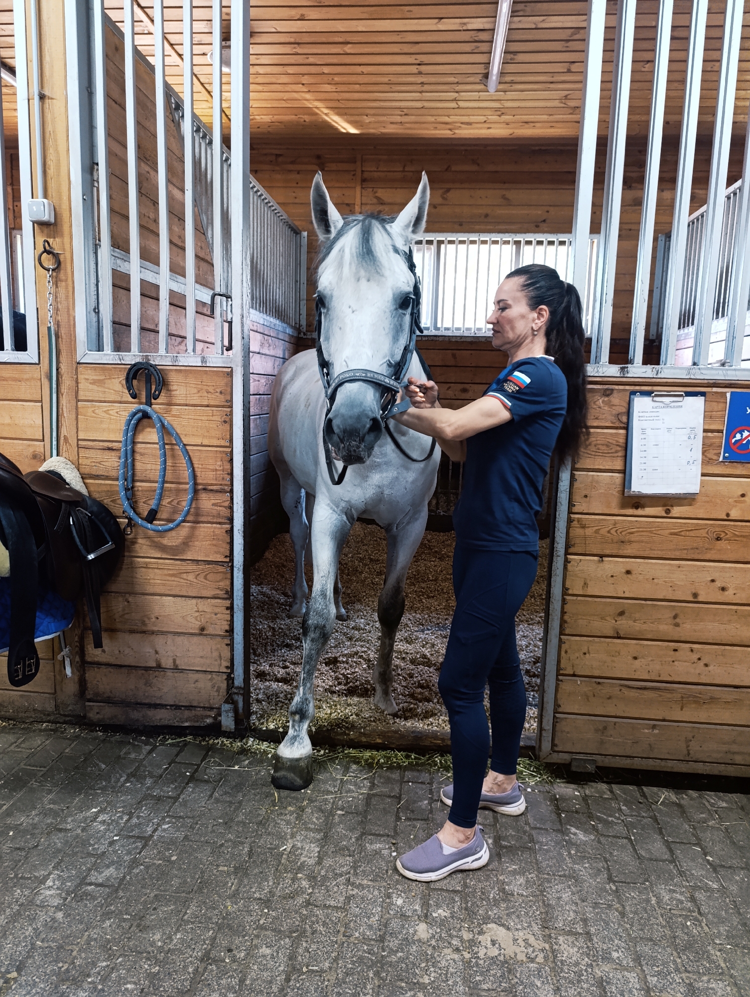 A medium shot shows a woman in a dark blue tracksuit and grey athletic shoes standing next to a white horse in a stable. The woman has her dark hair pulled back in a ponytail and is holding the horse's halter. The horse is facing forward and appears to be calm. The stable is made of wood and has a cobblestone floor. There are wooden stalls with metal bars visible. A saddle and bridle are hanging on a wall to the left of the horse. A clipboard with papers is attached to the wall on the right. The image appears to be taken during the day, with artificial lighting present in the stable.