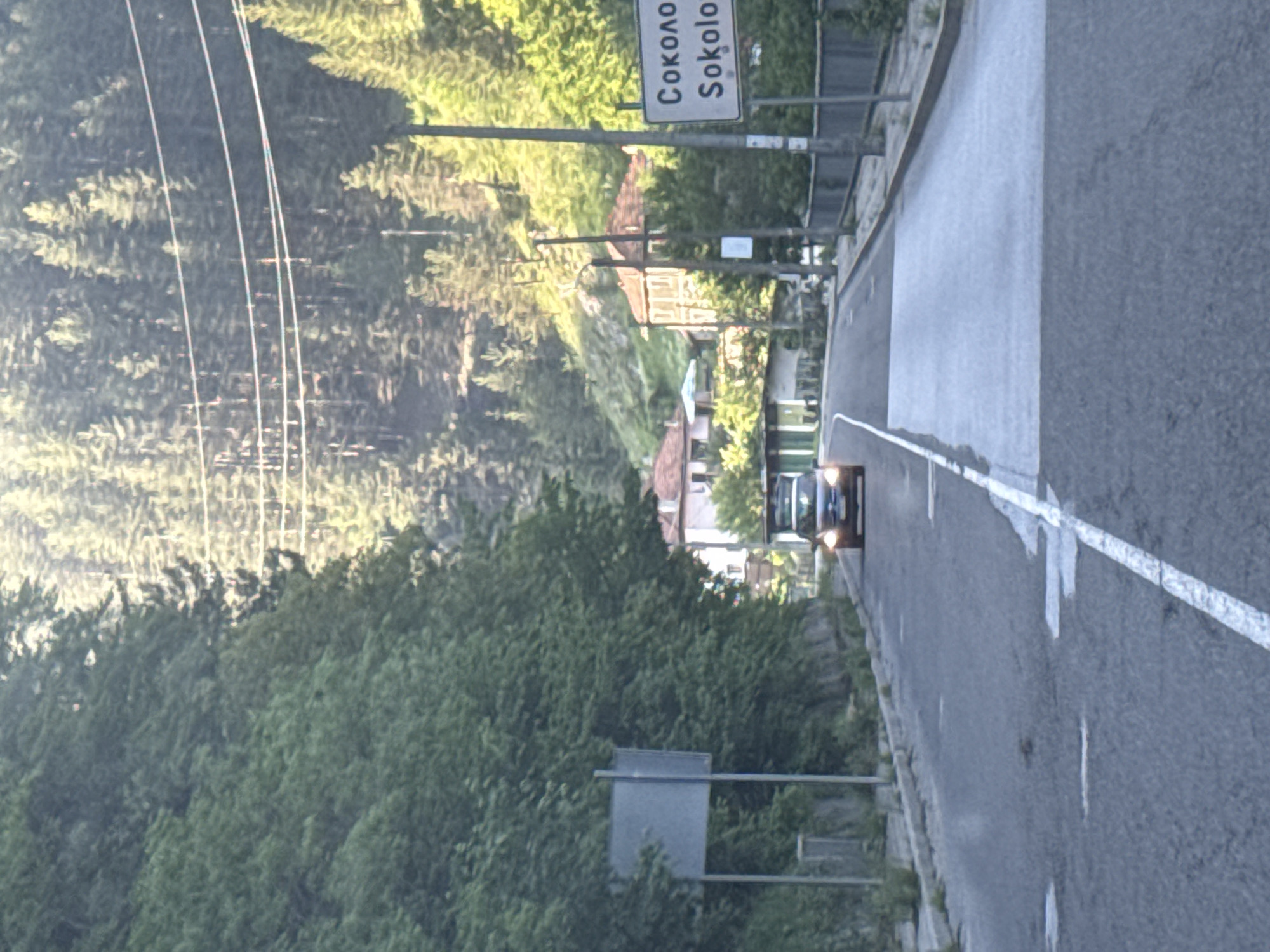 The image depicts an asphalt road leading into the village of Sokolovtsi, Bulgaria, as indicated by a white road sign on the right displaying "Соколово" (Sokolovo) in Cyrillic and "Sokolov" in Latin script. The road features a solid white center line in the foreground and faded white markings further down. A dark-colored vehicle, possibly a hatchback or small SUV, is visible driving towards the viewer with its headlights illuminated. The vehicle's rear hatch appears to be open, or a large, dark object is mounted on its roof.

The scene is set in a mountainous, heavily forested environment, with dense green trees covering the steep slopes on both sides of the road. Utility poles and power lines traverse the upper portion of the image. On the right side of the road, several buildings with tiled roofs are partially visible among the trees on the hillside, suggesting residential structures within the village. A blank grey signpost stands on the left side of the road. The lighting indicates daylight hours, with some distant trees and buildings illuminated by sunlight. No individuals are present in the image.