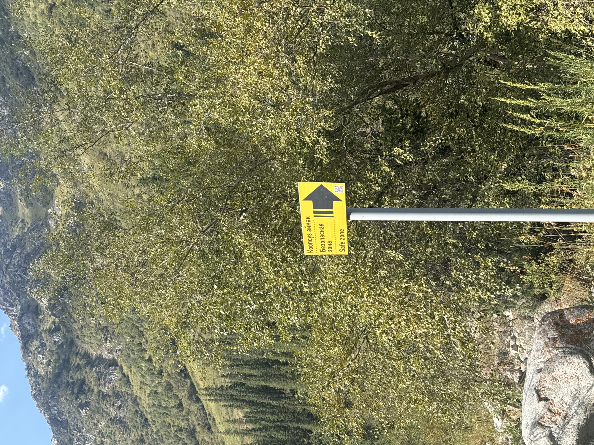 A yellow directional sign with text in three languages and a black arrow pointing right is affixed to a grey metal pole. The text on the sign reads "Koopyc ayмaк", "Безопасная зона", and "Safe zone". Below the text and to the left of the arrow, a QR code is visible. The sign is situated in front of lush green foliage. In the background, a steep, rocky mountain slopes upward, covered in trees and vegetation. The sky is a pale blue with some white clouds. The foreground features large rocks and dry grass.
