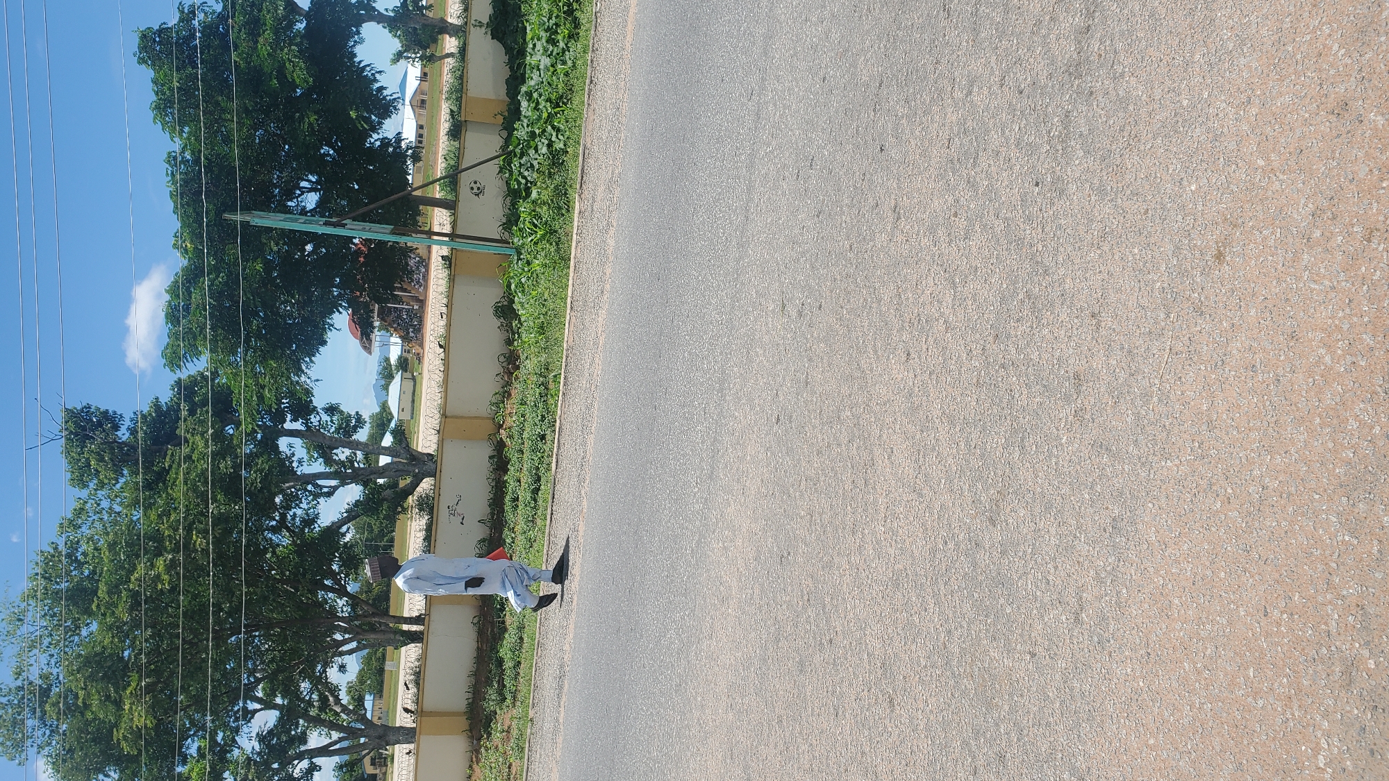 A man in a light blue traditional outfit and a matching cap walks along the side of a paved road. He is carrying a red bag in his right hand. Behind him, a light-colored wall with a yellow trim runs along the edge of a grassy area dotted with green vegetation. Several large trees with lush green foliage are visible behind the wall, and in the distance, there are some buildings with light-colored roofs and walls. The sky above is blue with scattered white clouds. The scene appears to be set in an outdoor environment, possibly in Jalingo, Nigeria, given the vegetation and architecture.