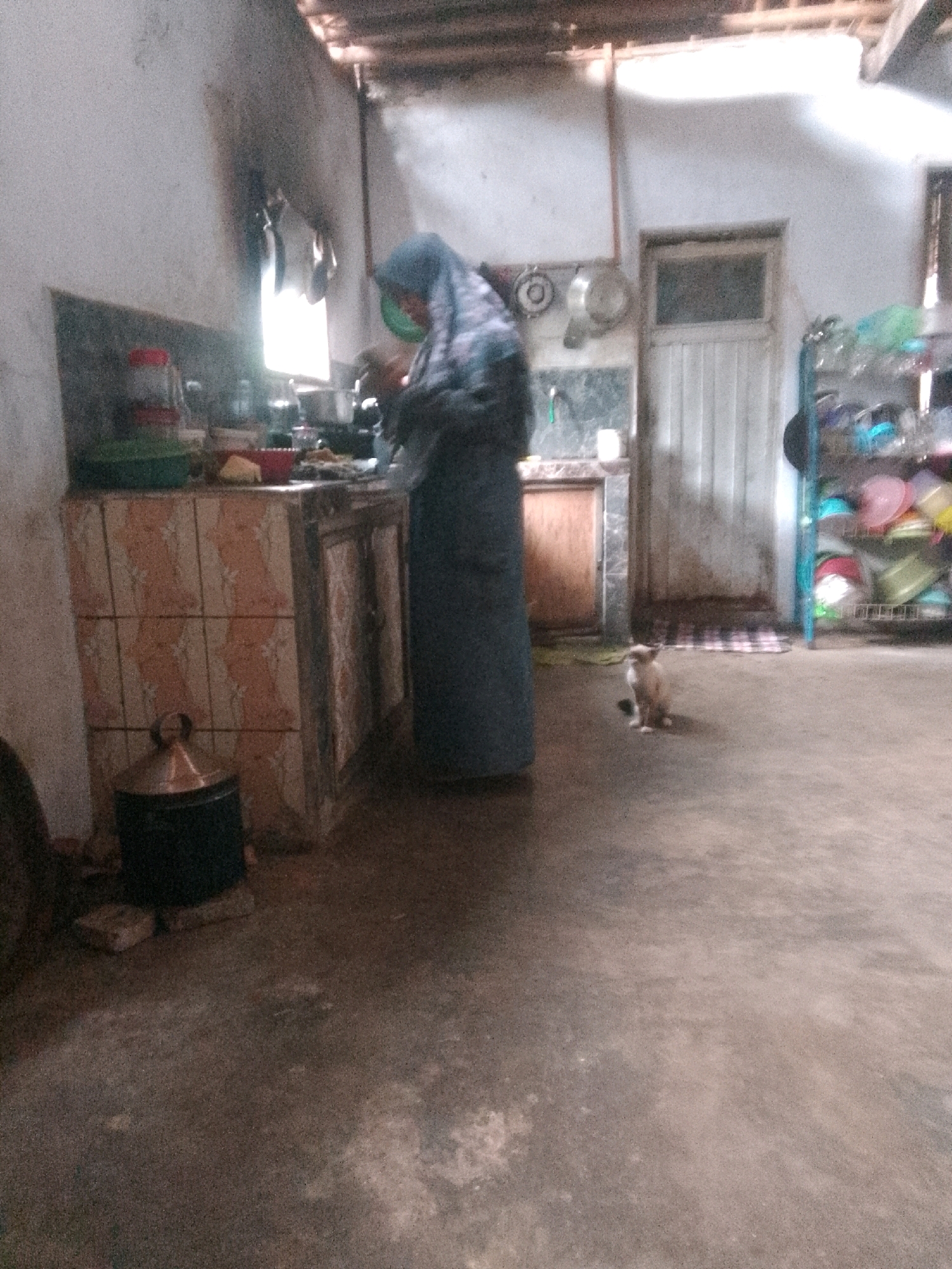 The image depicts an indoor scene, likely a kitchen, within a modest dwelling in Krucil, Indonesia. A woman wearing a blue hijab and dark clothing stands by a counter with tiled cabinets, engaged in what appears to be food preparation. Various kitchen items, including bowls and containers, are visible on the counter. To the right, a multi-tiered shelf unit holds a collection of colorful plastic containers and bowls. In the foreground, a light-colored cat sits on the concrete floor, looking towards the right. The environment appears somewhat cluttered and shows signs of everyday use, with visible structural elements of the building such as wooden beams on the ceiling. The lighting suggests it is daytime, possibly with natural light entering from an unseen source.