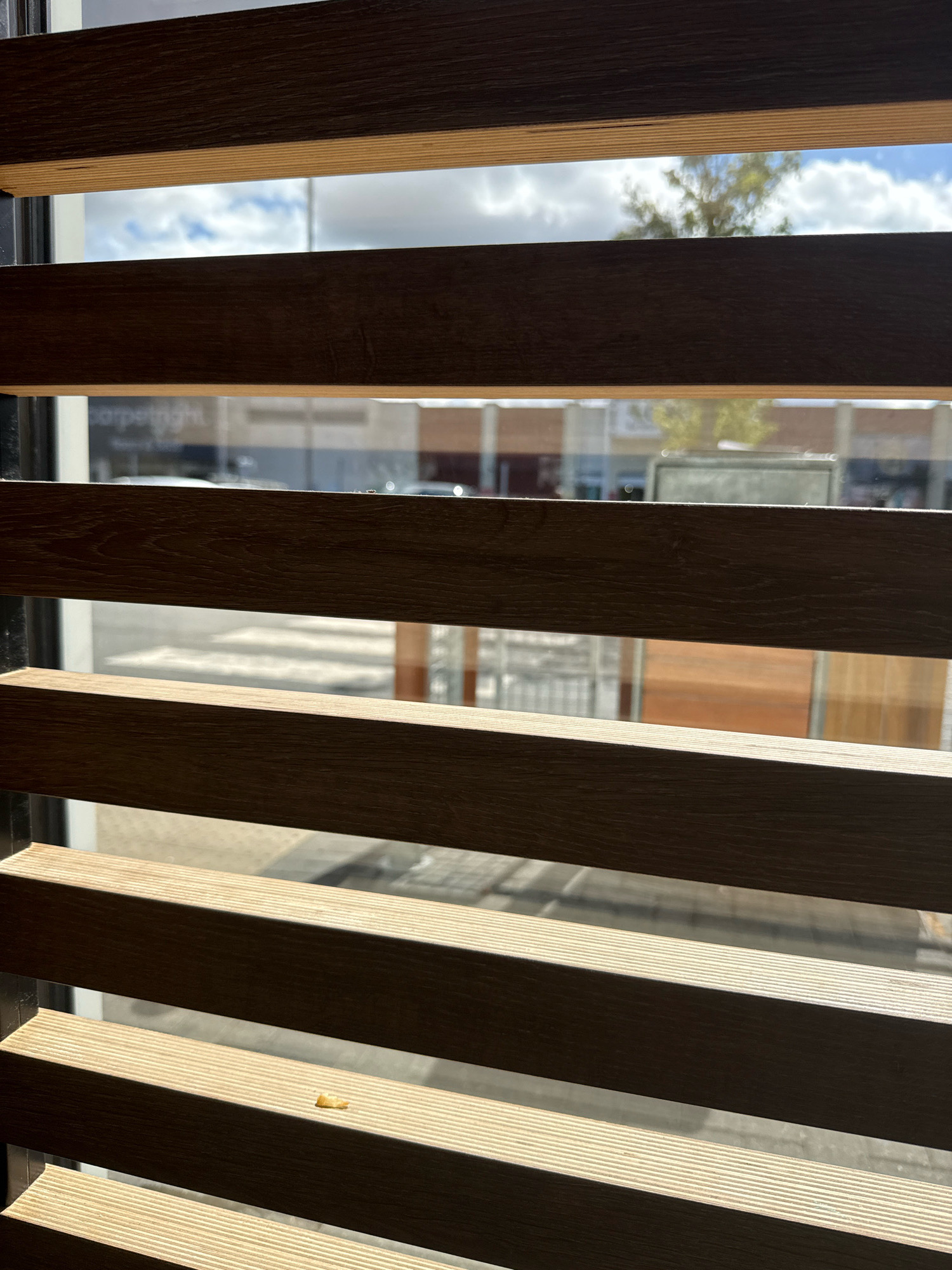 This image depicts a view through horizontal wooden blinds. The blinds are positioned in front of a window, offering a partial view of an outdoor scene. In the background, there is a building with signage that appears to read "carpetright" and other unreadable text, suggesting a commercial area. There is also a blurred view of a street with a pedestrian crossing and some vehicles. The sky above is partly cloudy. The overall impression is that of looking out from a shop or an office onto a street in Colchester, United Kingdom. A small, light-colored crumb is visible on one of the lower blinds.