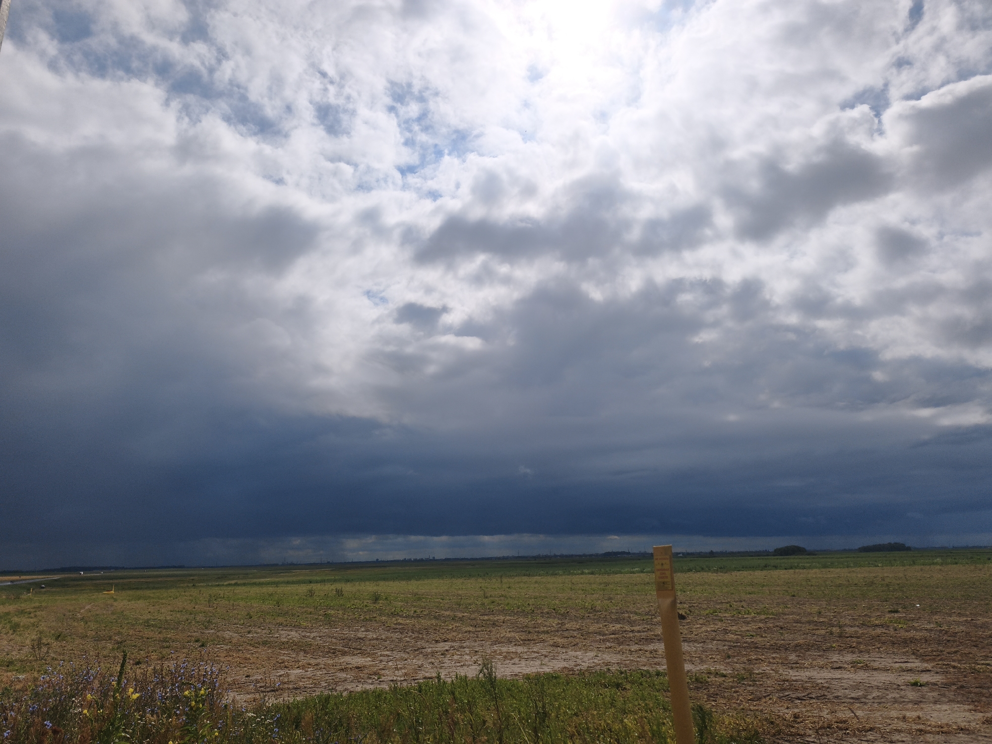 The image depicts a rural landscape under a cloudy sky in the vicinity of Урыцкі сельскі Савет, Belarus. The foreground is dominated by a field of dry, brown soil with patches of green grass and scattered wildflowers, primarily blue and yellow. A wooden post with some faded text is visible in the lower right quadrant. In the middle ground, the field extends to a flat horizon line with more green vegetation. The background is characterized by a dramatic sky filled with dark, heavy storm clouds that transition to brighter, lighter clouds towards the upper right, where the sun is partially obscured. The overall scene suggests an approaching or passing storm, with a stark contrast between the turbulent sky and the subdued tones of the land. No people or animals are present.
