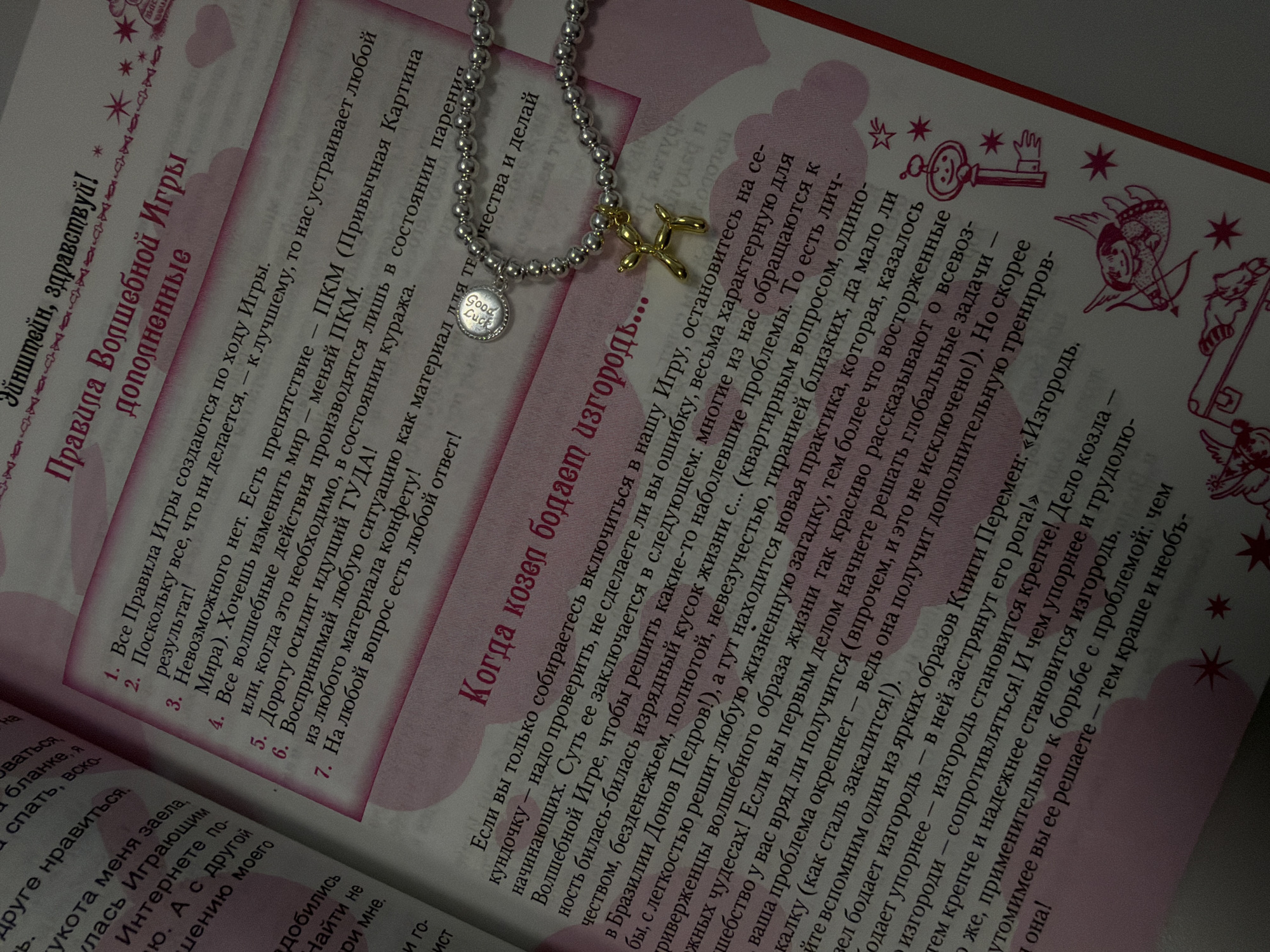 The image shows an open book with Russian text. The book is pink and white. There is a silver bracelet with a gold dog charm and a "Good Luck" charm. The text on the book appears to be about a game or a story. The scene is indoors, with soft lighting. There is no indication of the location being in the city of Homyel, Belarus.