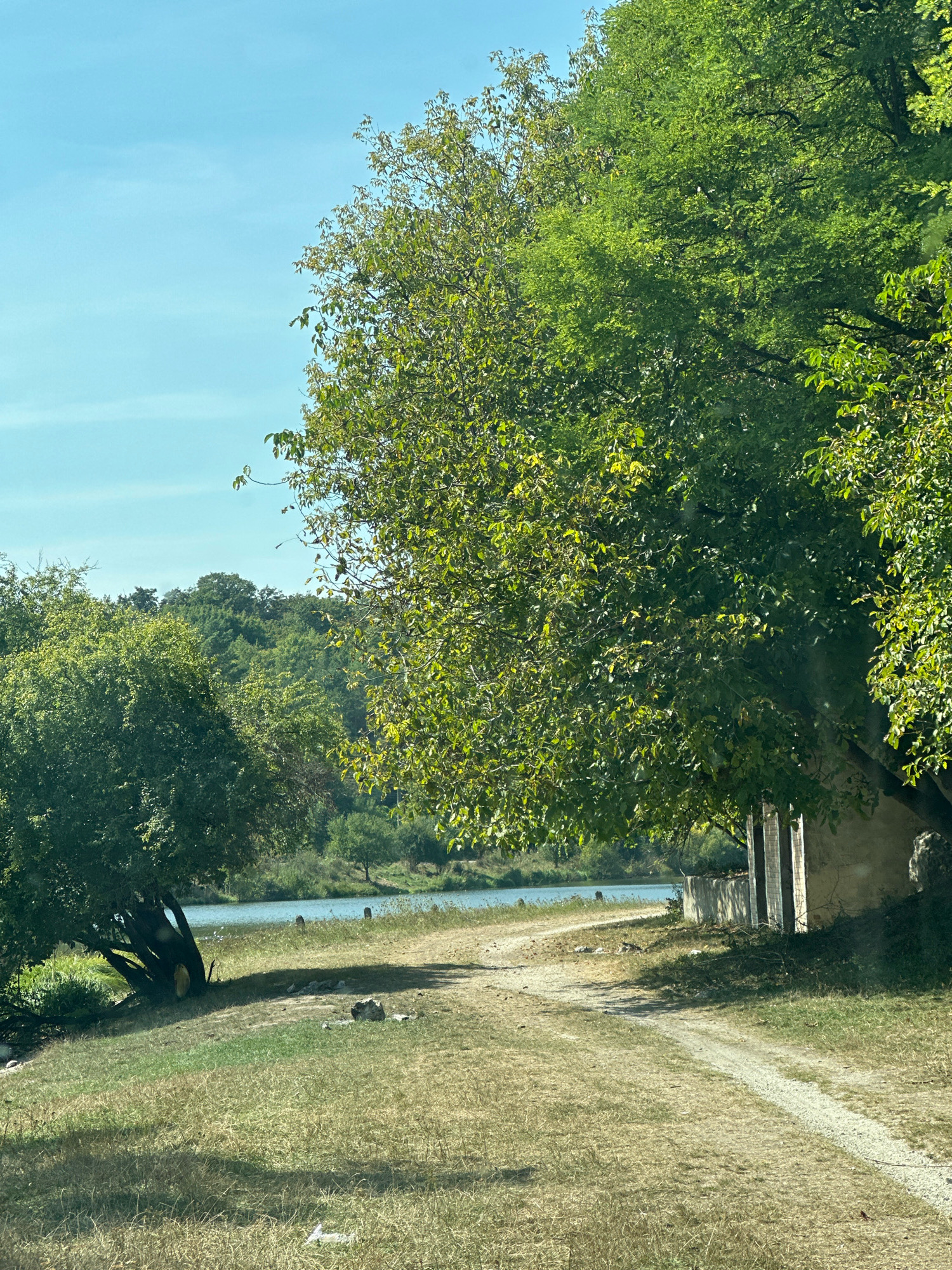 The image depicts a dirt road winding through a grassy, dry landscape with abundant trees. A body of water is visible in the background, with a treed hill beyond it. On the right side of the road, a dilapidated structure with pillars stands near the water. The scene suggests a rural or semi-rural environment, possibly in the vicinity of Shatava, Ukraine, given the terrain and vegetation. No people are present in the image.