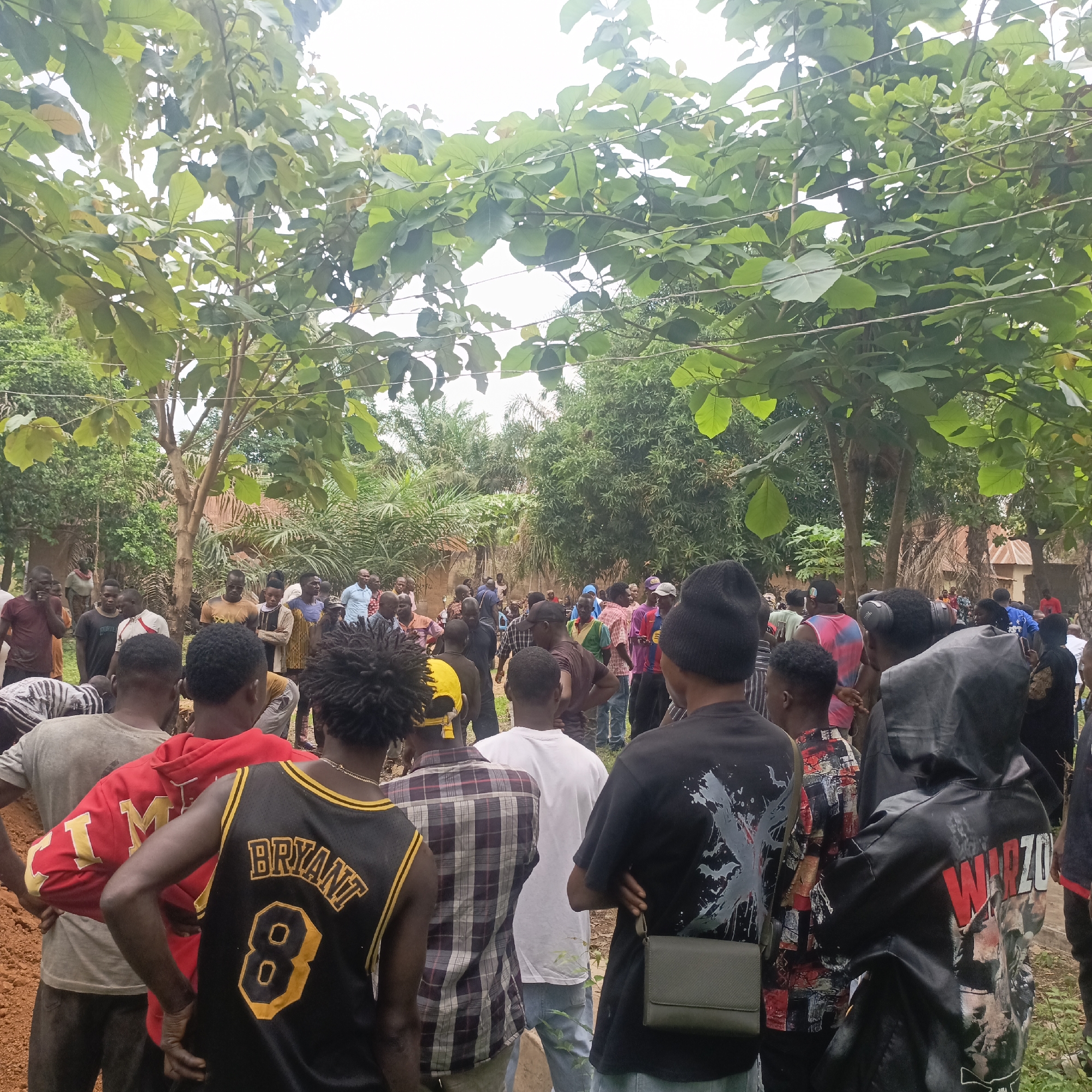 The scene depicts a gathering of people in a densely vegetated area, likely in Andaha, Nigeria. Individuals of various ages and dressed in casual attire are observed. Some are positioned near what appears to be disturbed earth, possibly indicating a burial or excavation site. The environment includes trees, shrubs, and foliage typical of a tropical climate. The interaction between the people is difficult to ascertain from this still image alone, but they appear to be observing the activity near the ground.