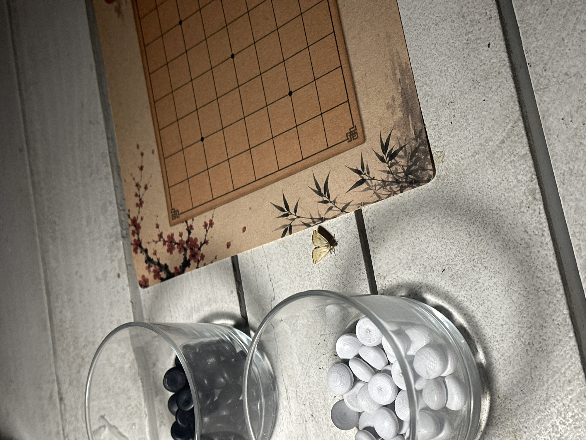 This forensic image, captured in the city of Bartula, Montenegro, displays an indoor arrangement on a light-colored, textured surface, likely composed of horizontal planks. In the left foreground, two transparent glass containers are present. The upper container holds numerous black, uniform, disc-shaped game pieces. The lower container, positioned slightly forward and to the left of the upper one, contains multiple white, disc-shaped game pieces, which exhibit subtle concentric ring patterns on their surfaces, suggesting a wooden composition.
To the right of the glass containers, a rectangular game board, appearing to be printed on paper or a thin board, is laid flat. This board features a black 9x9 grid on a light brown background. Decorative illustrations adorn its perimeter, including red cherry blossoms (sakura) along the top and upper left edge, and black bamboo stalks along the bottom and lower left edge. Two black 'star points' are visible on the grid lines.
A small, light-yellow colored moth or butterfly is resting on the textured surface, positioned between the lower glass container and the game board. The overall lighting is indirect and casts subtle shadows, particularly beneath the glass containers. No human subjects are present, and no actions are actively depicted within the scene.