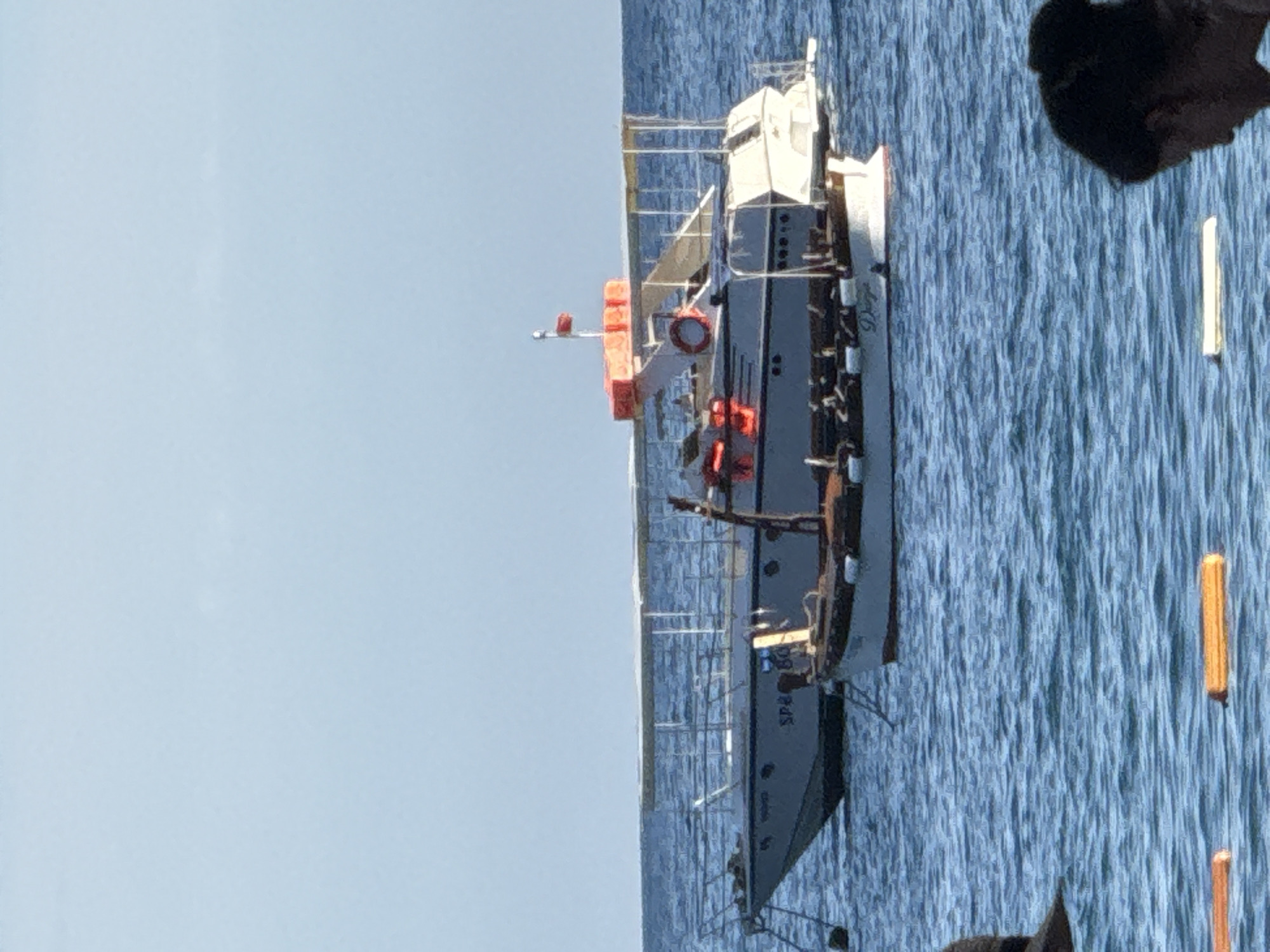 The image depicts a bright, sunny day with a clear blue sky and calm blue water. In the foreground, partially visible on the right side of the frame, is the back of a person's head with their hair in a bun, suggesting they are looking out at the water. In the middle ground, two boats are anchored in the water. The boat closer to the viewer is a smaller, older-style vessel with a wooden deck and a white hull. It has the name "Dingo" partially visible on its side. Several life preservers are visible on this boat, some bright orange. Behind this boat is a larger, white vessel with a covered seating area. This boat also has life preservers, some bright orange, and a small red flag at its mast. The water is calm with gentle ripples. In the very foreground, partially submerged in the water, are two orange buoys and a white float. The scene appears to be a coastal area, likely a bay or harbor, given the presence of multiple boats and buoys. The overall impression is one of a peaceful day at sea, possibly a tourist location given the presence of life preservers and recreational boats. Considering the visual cues like the clear waters, the style of boats, and the likely tourist activities, this scene could be representative of the Budva Riviera in Montenegro, a popular coastal destination.