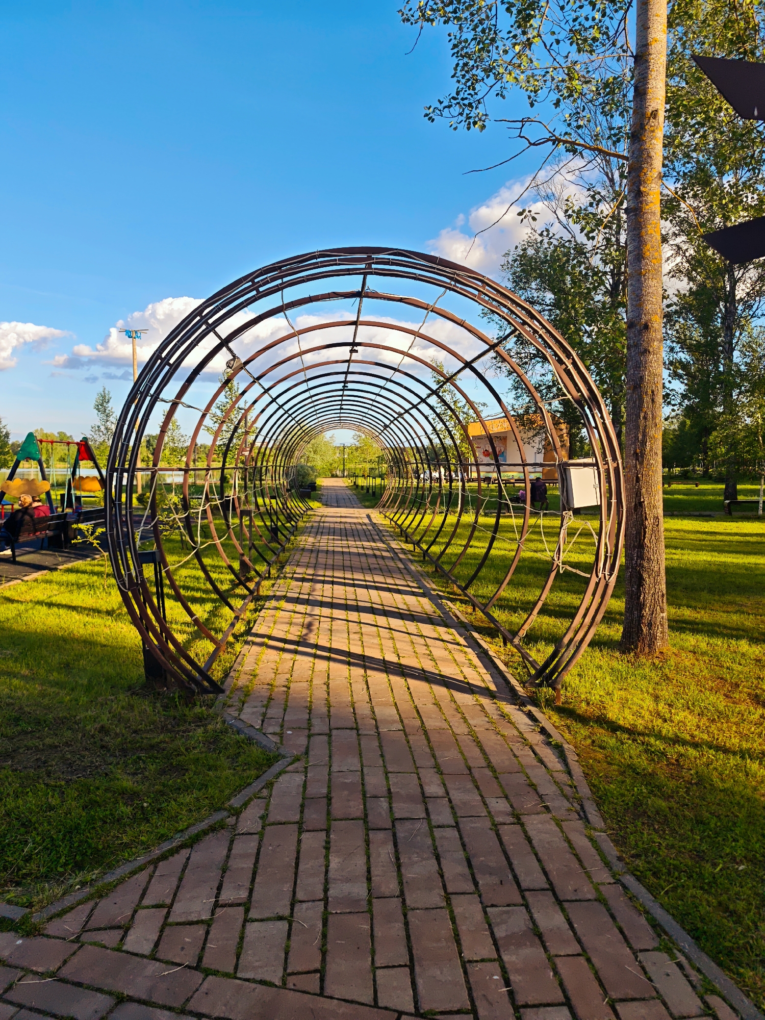 This media file depicts a serene park scene in Zaprudnya, Russia, characterized by a long, tunnel-like metal archway covering a brick pathway. The archway, constructed from dark, possibly rusted, metal bars, forms a repeating circular pattern that recedes into the distance. The pathway itself is made of reddish-brown rectangular pavers, with some green moss or grass growing in the cracks.
On either side of the pathway, vibrant green grass stretches out, brightly lit by what appears to be late afternoon or early evening sunlight, indicated by the long, distinct shadows cast by the archway onto the path and the golden hue on the grass and tree trunks. The sky above is a clear, bright blue with scattered white, puffy clouds.
To the left of the archway, a colorful playground area is visible, featuring red and green swing sets and other structures. Two individuals are seated on a wooden bench near the playground, partially obscured. Behind the playground, a body of water, likely a lake or pond, can be seen. On the far right, a tall tree trunk stands beside the archway, and further in the background, another building with a yellow facade is partially visible. A small, light-colored electrical box is attached to the archway on the right side. Numerous trees with green foliage frame the park setting. There is no visible text in the image. The overall atmosphere is peaceful and sunny.