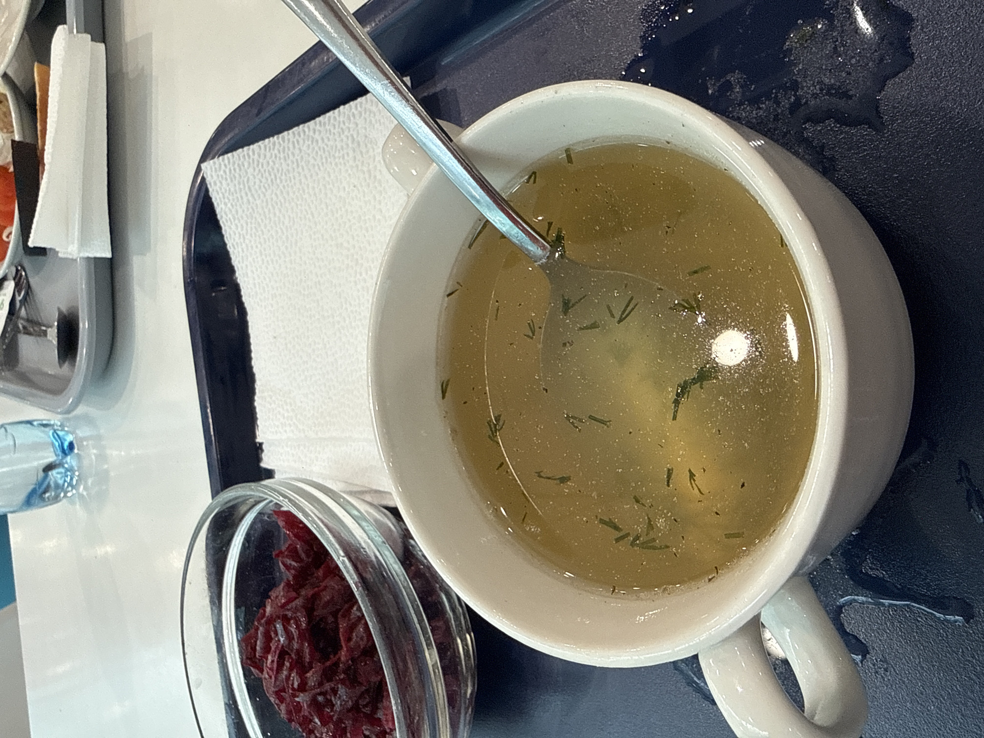 This image captures an overhead view of a meal served on a dark blue tray, likely in a cafeteria or canteen setting in Moscow, Russia. The central item is a white, handle-equipped bowl filled with a clear, light yellow broth, possibly a soup or consommé, garnished with small green herbs, likely dill. A silver spoon is immersed in the broth.
To the left of the soup bowl, a clear glass bowl contains a portion of finely shredded, dark red food, consistent with pickled beets or a beet salad. A white, textured paper napkin is positioned on the tray near the soup. Several droplets and spills are visible on the dark blue tray surface, suggesting recent use.
In the blurred background, towards the upper left, another tray with a stack of white napkins and part of a small plastic bottle are visible. The scene depicts a simple, functional meal setup. No people or visible text are present.