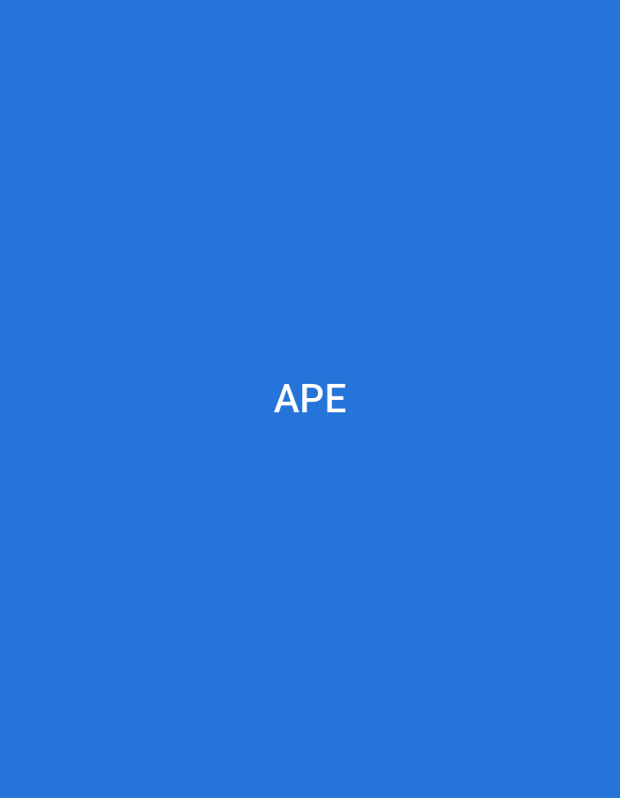 The image displays a solid, uniform field of medium blue color. Precisely centered within this blue field, the three uppercase letters "APE" are rendered in white, sans-serif typography. No other graphical elements, discernible objects, individuals, actions, interactions, or specific environmental features are present. While contextualized by the user as relating to the city of Casablanca, Morocco, the image itself contains no visual information or landmarks that would situate it in that specific urban environment.
