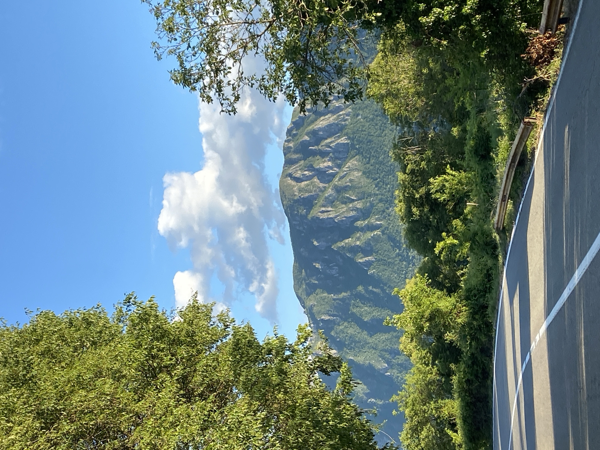 The image displays a vibrant, sunny mountainous landscape located in Sotonići, Montenegro, captured from the perspective of a winding road.
In the foreground, dense, lush green trees with abundant foliage partially frame the scene, particularly on the left and extending across the top. To the right, a dark asphalt road curves gently, marked with distinct white dashed and solid lines. A light-colored metal guardrail runs along the edge of the road, offering a boundary from the sloping terrain.
The midground is dominated by a majestic and rugged mountain. Its steep slopes are characterized by a mix of exposed grey rock formations and patches of dark green vegetation, indicating significant geological features and dense forestation on its lower parts. The mountain rises prominently, showcasing its formidable natural structure.
Above and behind the mountain, the background features a brilliant blue sky dotted with soft, white cumulus clouds. The lighting suggests a clear and bright day, likely midday or early afternoon, with ample sunlight illuminating the landscape. There are no people or discernible activities taking place, and no visible text. The scene conveys a sense of serene natural beauty and the grandeur of the Montenegrin mountains, viewed from a scenic roadside vantage point.