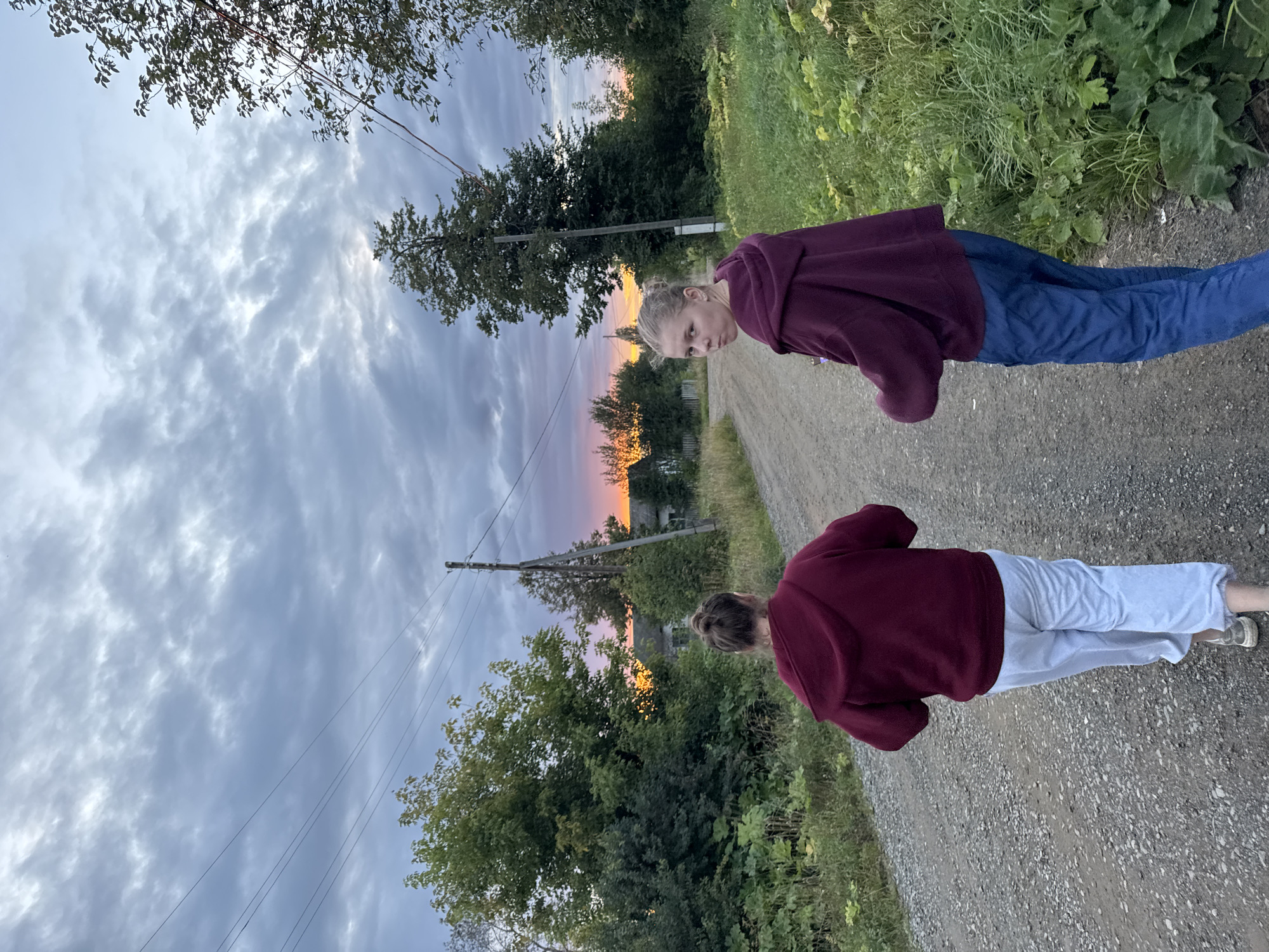 In the rural settlement of Borodulino, Russia, two individuals walk away from the camera on a gravel road. The sky above is filled with dramatic, cloudy formations tinged with the warm hues of sunset, casting a soft light over the scene. On the left side of the road, a woman in a dark red hoodie and light-colored sweatpants walks ahead, her back to the viewer. To her right, another person, also wearing a dark red hoodie but with blue pants, walks slightly behind and turns their head to look back at the camera. The surrounding environment is lush and green, with dense foliage and trees lining the road, hinting at a natural, possibly forested, landscape. Power lines stretch across the sky, a common element of rural infrastructure, and distant houses are visible, suggesting the presence of a small community. The overall atmosphere is one of quiet movement through a serene, dusk-lit countryside.