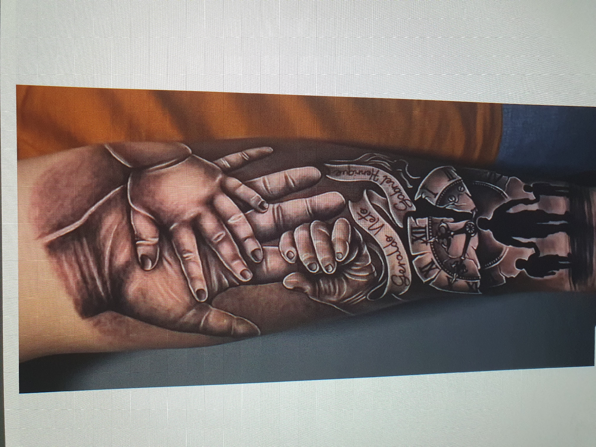 The image shows a highly detailed tattoo on a person's arm, depicting a collection of hands and silhouettes. The primary subjects are several hands of varying sizes, suggesting a family connection, with adult hands holding or cradling smaller, presumably child-sized hands. The shading and realism of the hands are remarkable, conveying a sense of warmth and intimacy.
To the right of the hands, a segment of a clock face is visible, featuring Roman numerals and intricate gearwork. This clock is intertwined with a ribbon that bears visible text. The text, rendered in an elegant script, appears to read "Gabriel" and "Geraldo Neto," likely names of individuals. Following the clock and names, silhouettes of what appear to be a family are depicted, further reinforcing the familial theme.
The background of the tattoo is a blend of warm oranges and browns, suggesting a warm, possibly indoor setting or a sunset, though the tattoo itself is the focus and its immediate background is the skin of the arm. There are no explicit environmental cues like weather or specific time of day beyond the clock imagery, but the overall impression conveyed by the tattoo is one of love, connection, and the passage of time within a family. The emotions evoked are tenderness, protection, and remembrance.
The image is a photograph of the tattoo, likely taken to showcase the artwork. No direct information about the location context of Tashkent, Uzbekistan is discernible from the tattoo itself.