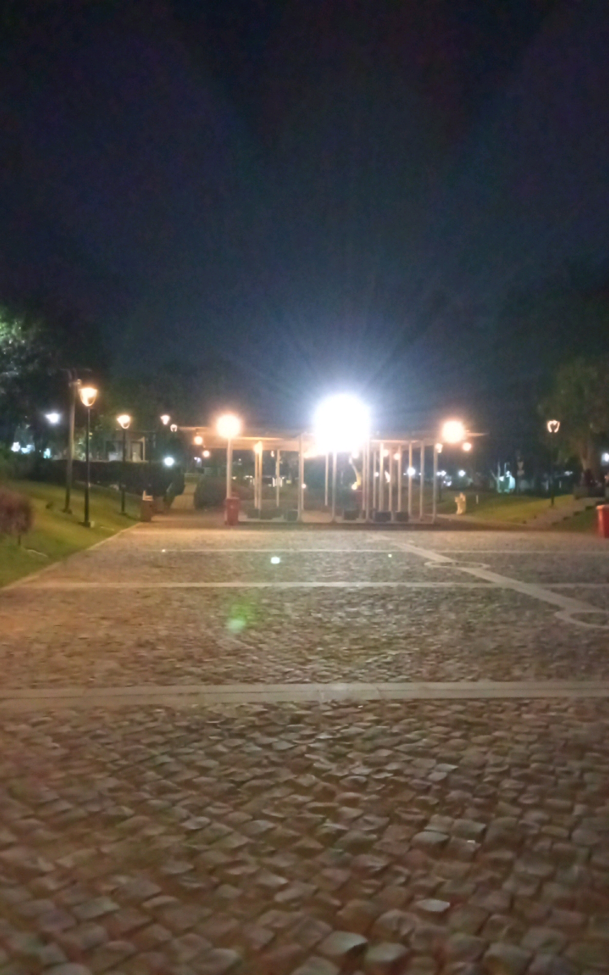 An outdoor nighttime scene in the city of Ngasem, Indonesia features a well-lit park with a cobblestone pathway in the foreground. The pathway is illuminated by overhead lights and street lamps, casting a warm glow on the stone surface. To the left of the pathway, a manicured lawn slopes gently upwards, also lined with street lamps. In the background, a covered structure with multiple vertical supports is visible, illuminated by bright, central lights. The structure appears to be a gazebo or a similar public seating area. Red trash cans are placed near the structure. Trees with green foliage are visible to the sides and in the background, their shapes softened by the darkness and artificial light. The sky above is dark and clear.