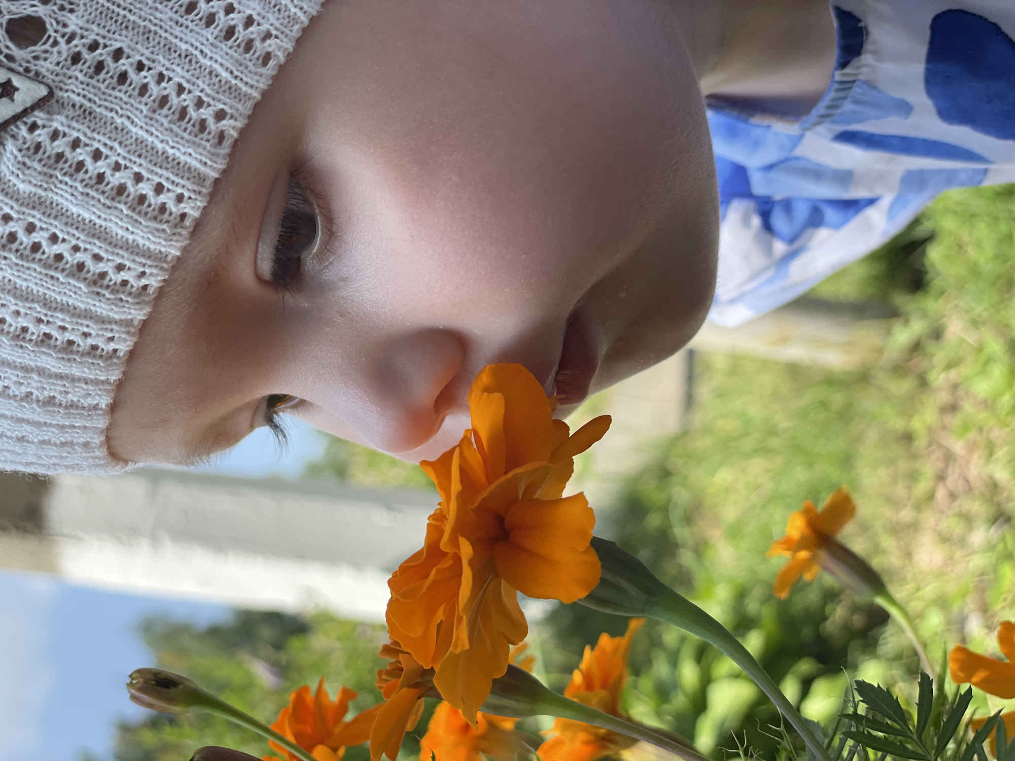 A close-up, profile view captures a young child wearing a white knit hat, with light skin and dark eyelashes, leaning in to smell an orange marigold flower. The child's eye is visible, looking downwards. The background is blurred, showing green foliage and a bright blue sky, suggesting an outdoor setting in the city of Izhevsk, Russia. A portion of a white structure is also visible in the background. The child is wearing a white and blue patterned garment. The focus is on the interaction between the child and the flower, with the flower prominently featured in the foreground.