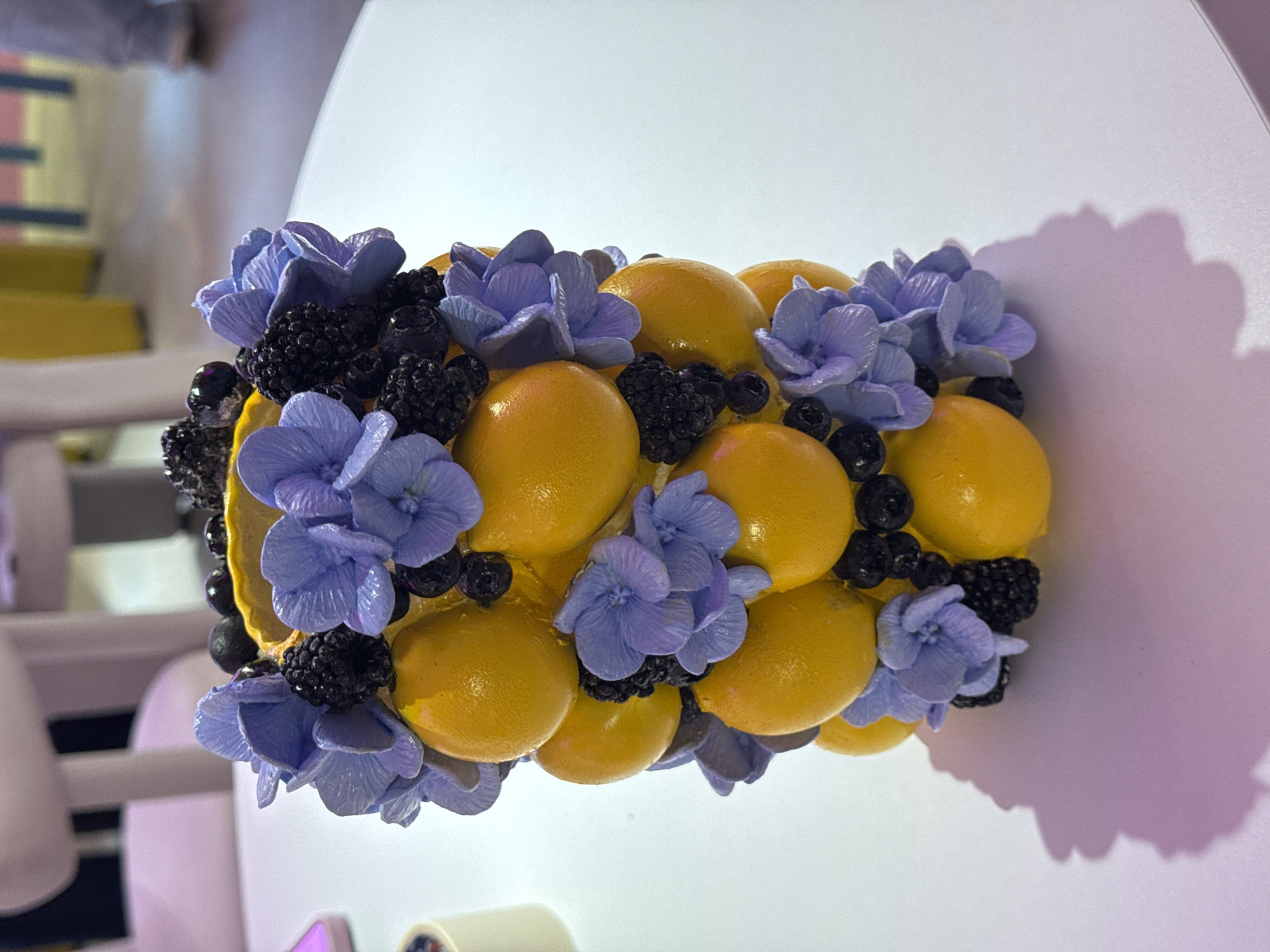 A close-up shot depicts an artistic arrangement of yellow lemons, blueberries, and blackberries, interspersed with light purple flowers. These elements are positioned on a white surface, possibly a table. The scene is illuminated by a bright light source, creating a soft shadow on the right side of the frame. In the background, a blurred interior featuring white furniture is visible. The location is identified as Sochi, Russia.