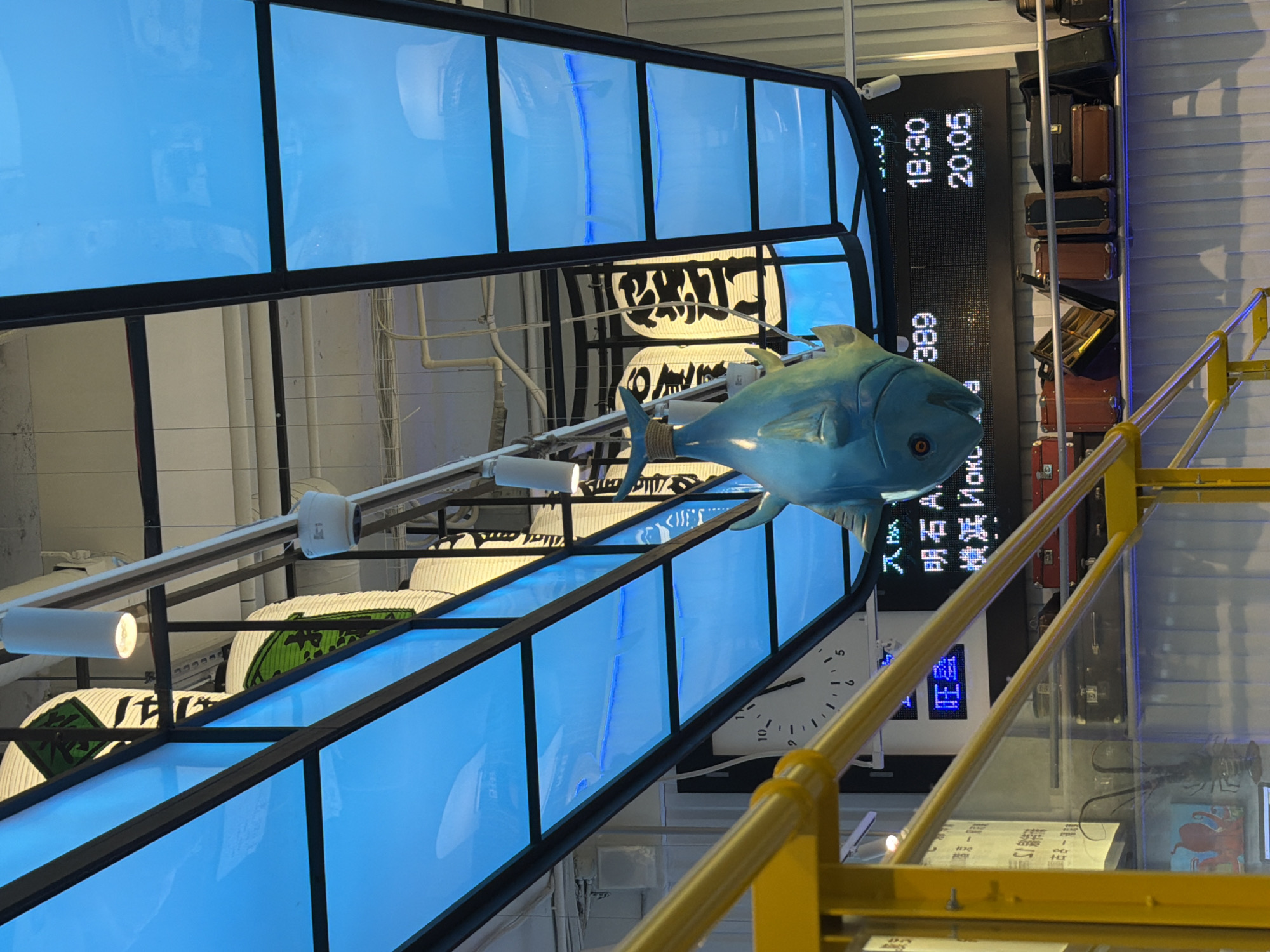 The image shows an indoor scene with a large blue fish decoration hanging from the ceiling. The ceiling features blue illuminated panels and traditional Japanese lanterns with black text. Below the fish, a digital display board shows times and what appear to be destinations, one of which is "Yokohama". There are also several vintage suitcases stacked on a shelf. The foreground shows a yellow metal railing. The scene is located in Saint Petersburg, Russia, specifically within the Lenta supermarket at the Galeria shopping center.
