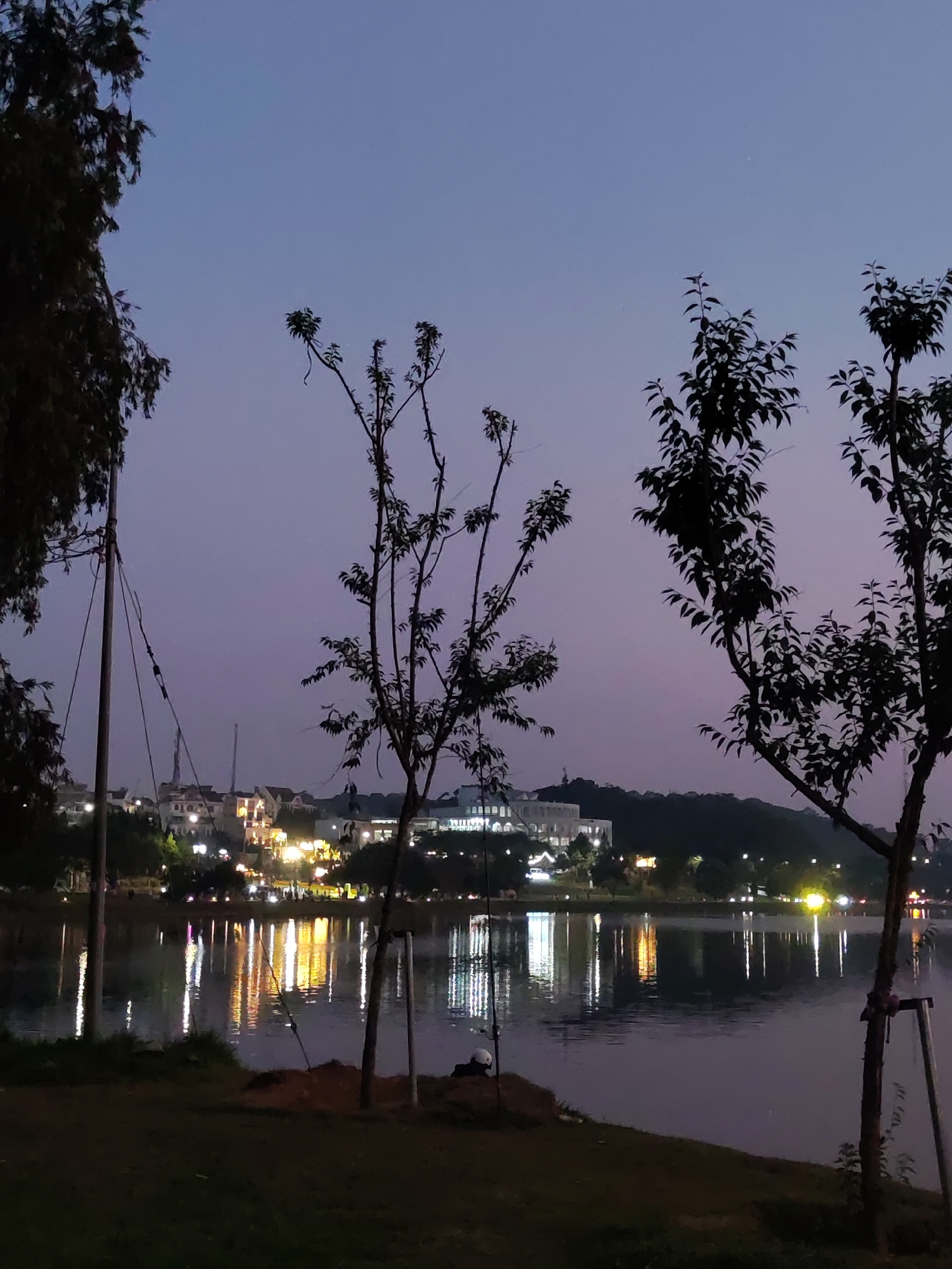 Here is a concise description of the image:
The image captures a nighttime scene at Xuan Huong Lake in Da Lat, Vietnam. In the foreground, two slender trees are silhouetted against the twilight sky and the lake's surface. The lake reflects the lights from the buildings and street lamps lining the shore, creating streaks of yellow and white. Visible in the background are buildings that form the distinctive skyline of Da Lat, including the Dalat University building with its distinctive facade. The sky exhibits a gradient of colors from a deep blue to a lighter purple. The lighting is subdued, typical of dusk or early evening.